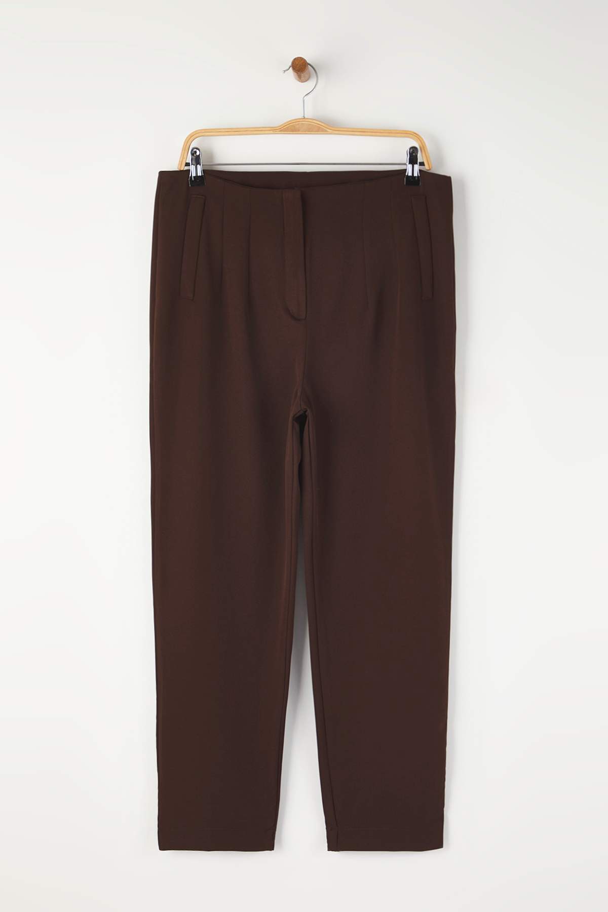 Trendyolmilla  Kahverengi Cigarette Fleto Cepli Dokuma Büyük Beden Kumaş Pantolon TBBAW23AR00015 - Görsel 5