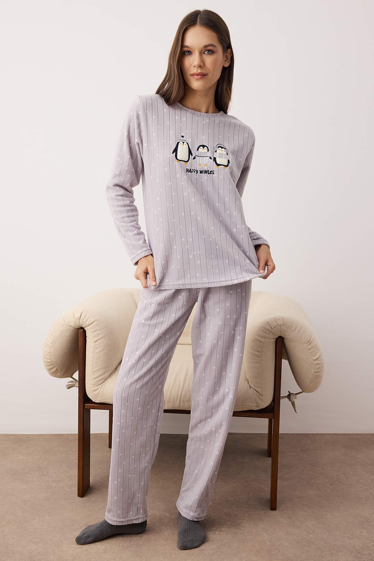 Trendyol Collection Gray Penguin Patchli Polar Knitted Pajama Set Thmaw26Pt00193