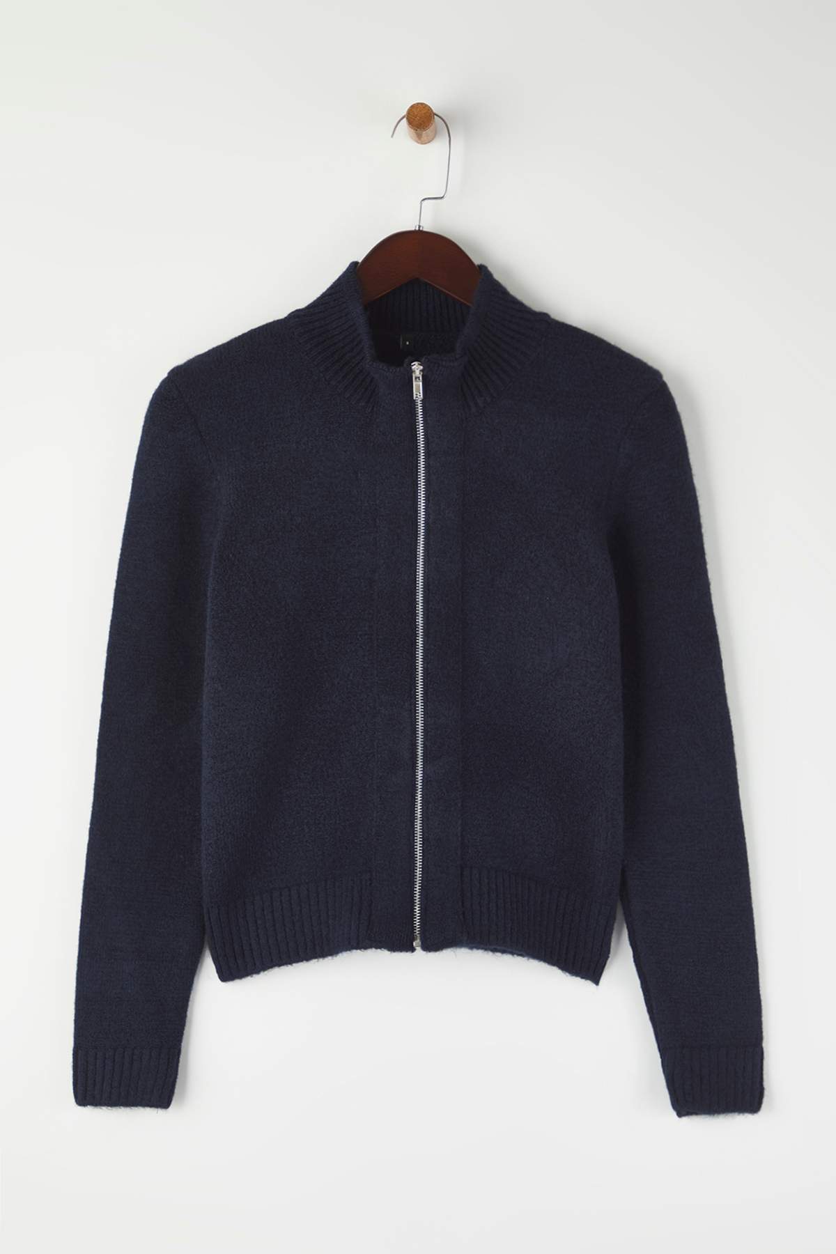 Trendyolmilla  Lacivert Fermuarlı Yün Karışımlı Dik Yaka Yumuşak Dokulu Triko Hırka TWOAW26HI00027 - Görsel 5