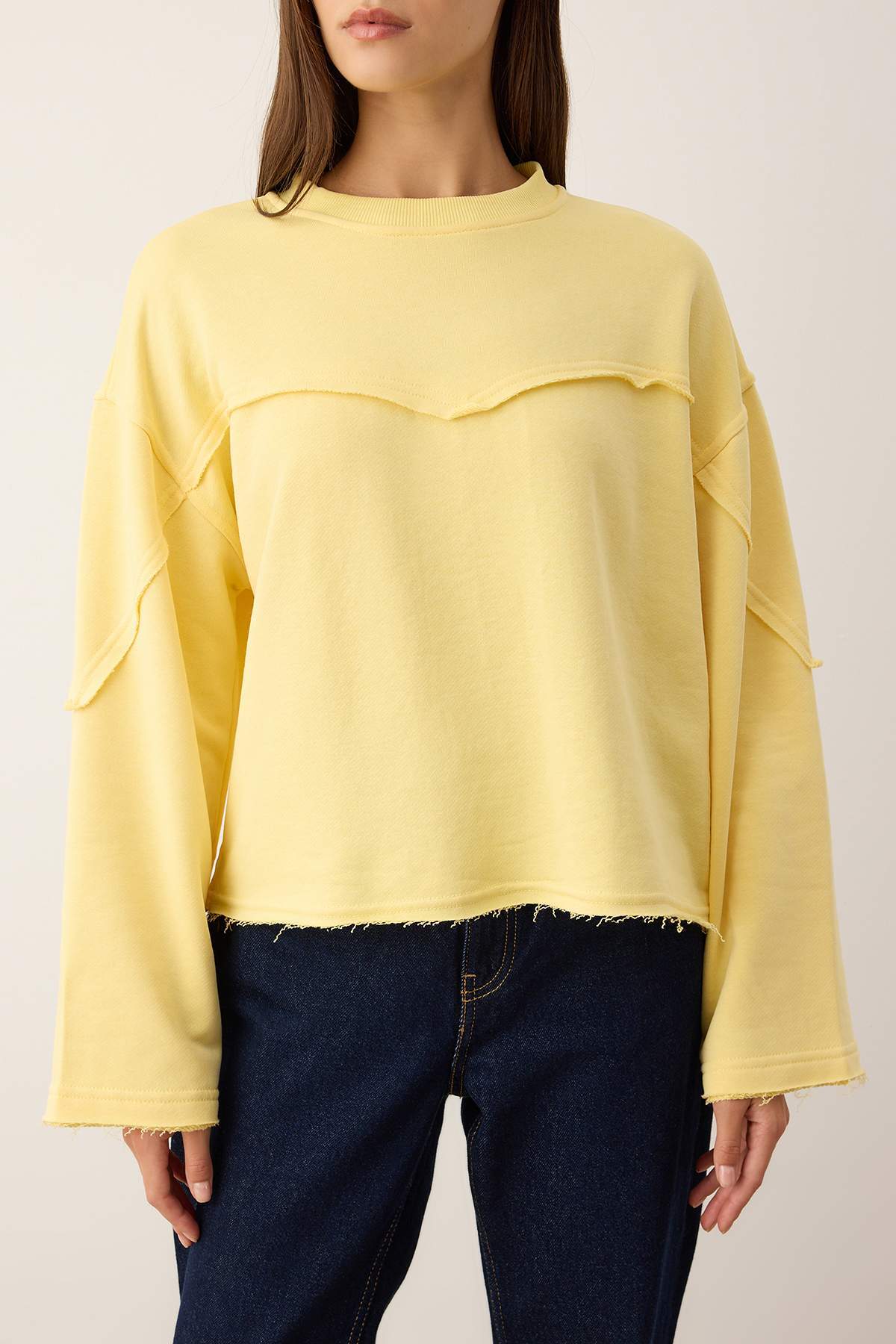Trendyolmilla  Açık Sarı Kalın Şardonsuz İspanyol Kol Dikiş Detaylı Relaxed Örme Sweatshirt TWOAW26SW00110 - Görsel 3