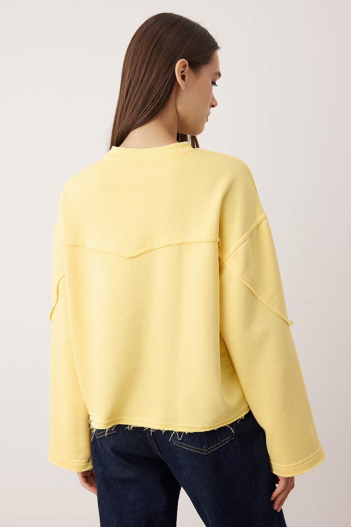 Trendyolmilla  Açık Sarı Kalın Şardonsuz İspanyol Kol Dikiş Detaylı Relaxed Örme Sweatshirt TWOAW26SW00110 - Görsel 4