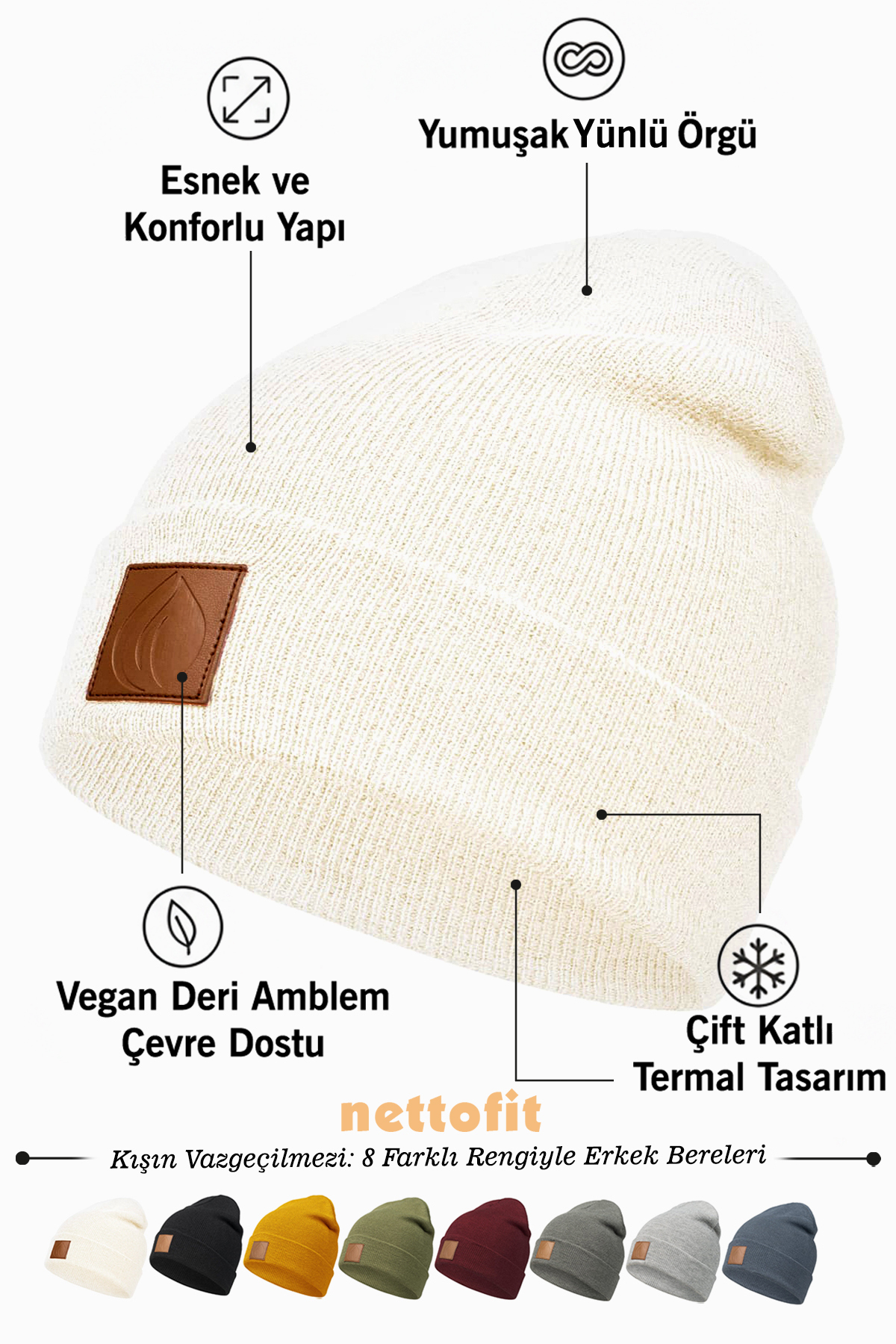 nettofit Erkek Kışlık Deri Etiket Detaylı Ekru Yün Bere