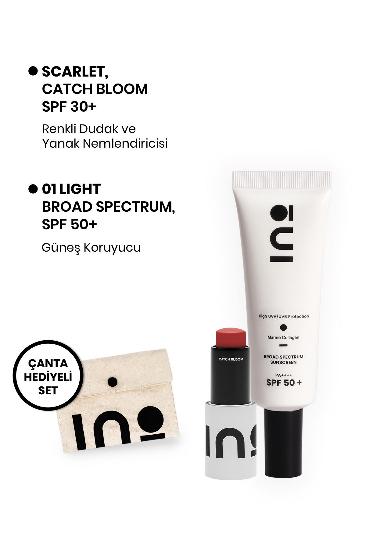 INO Beauty Catch Bloom Pocket Lip & Cheek Stick Scarlet 4,5g + Broad Spectrum SPF50+ Sunscreen 01 LIGHT 50ml