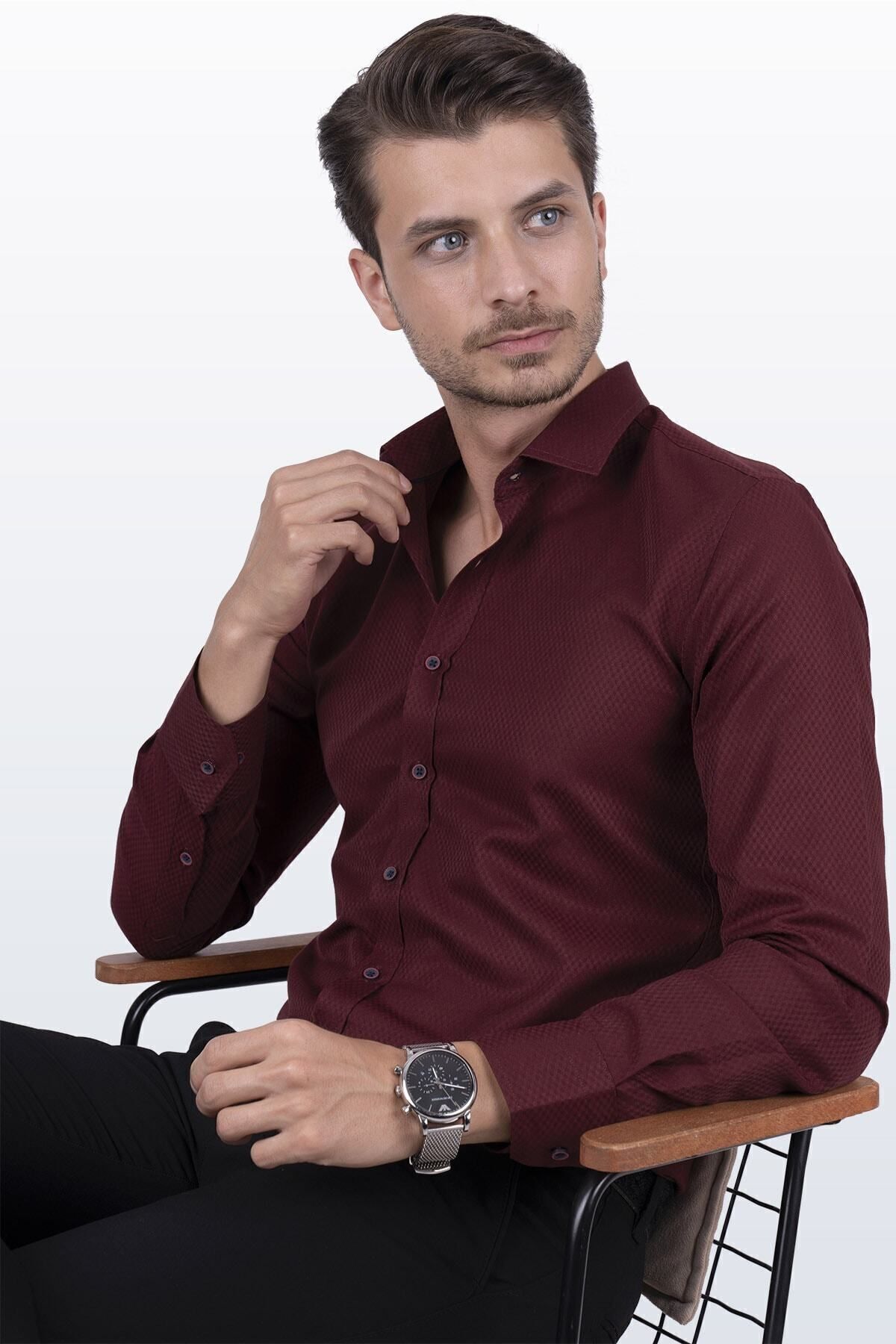 Etikmen  Koyu Bordo Baklava Desen Slimfit Erkek Gömlek - Görsel 4