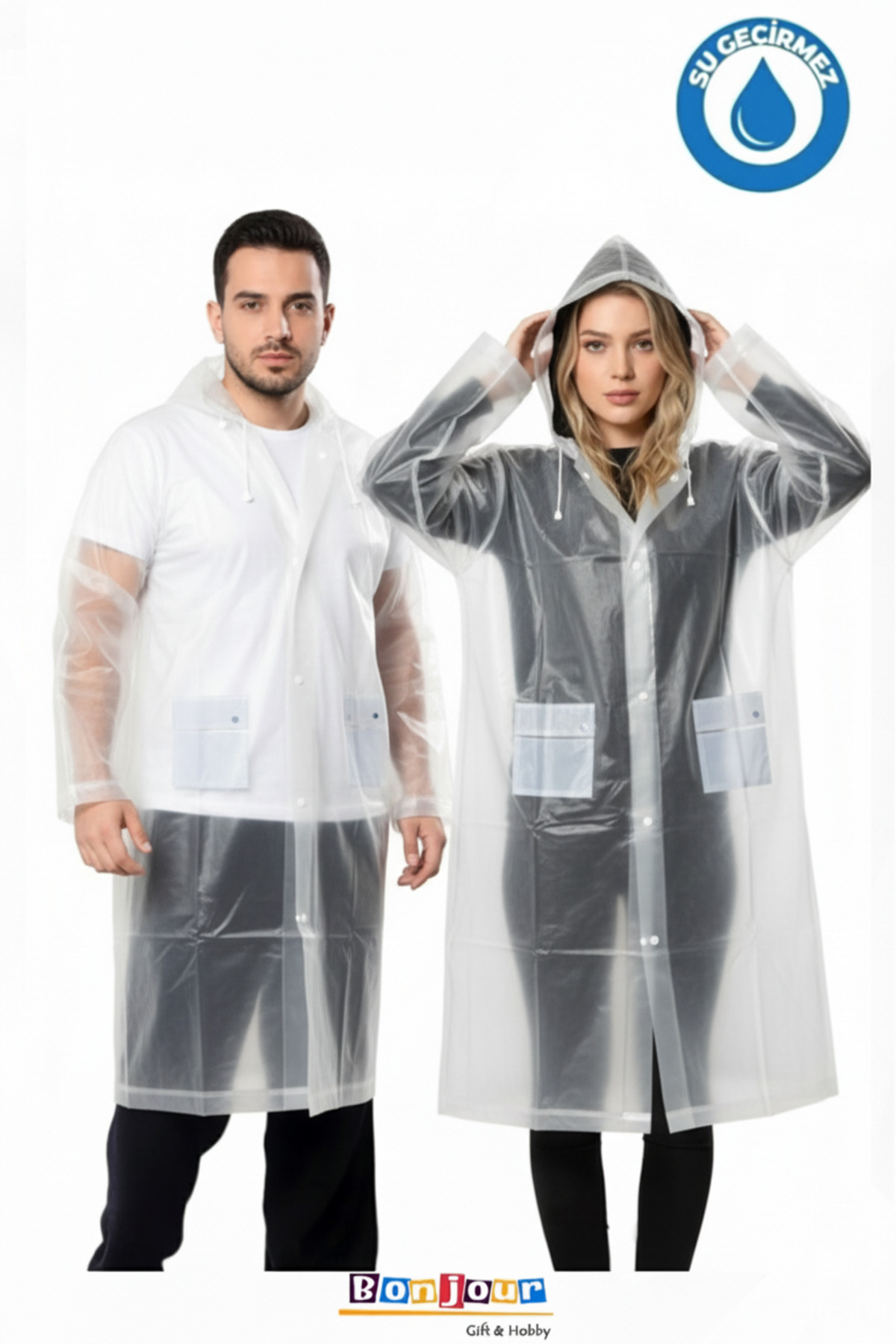 Bonjour Gift & Hobby Unisex Eva Yağmurluk Cepli, Çıtçıtlı, Kapüşonlu Rüzgar Yağmur Geçirmez