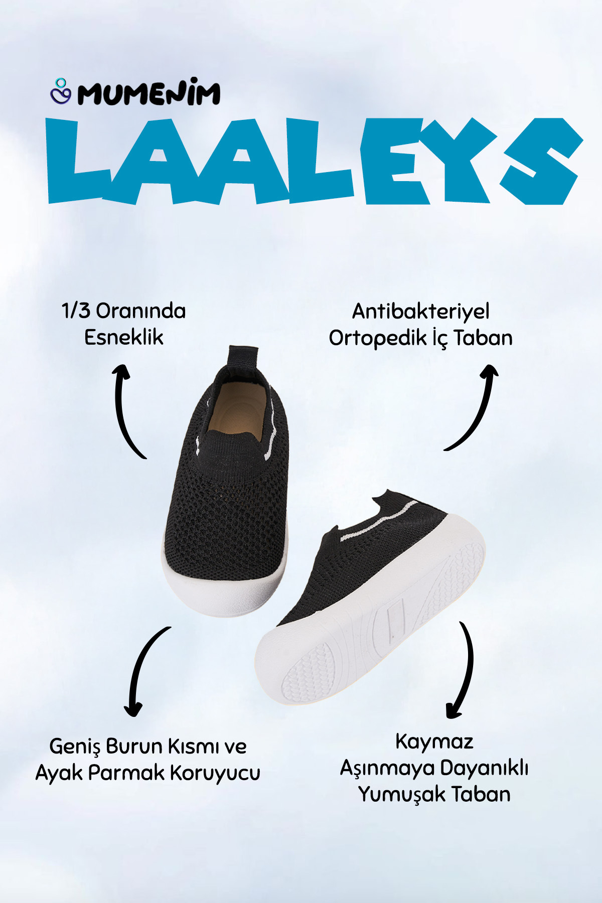 Mumenim Laaleys Erkek Bebek&çocuk Kaymaz Ortopedik Taban Siyah Ilk Adım Ayakkabısı/spor Sneaker fotoğrafı 2 (önizleme)