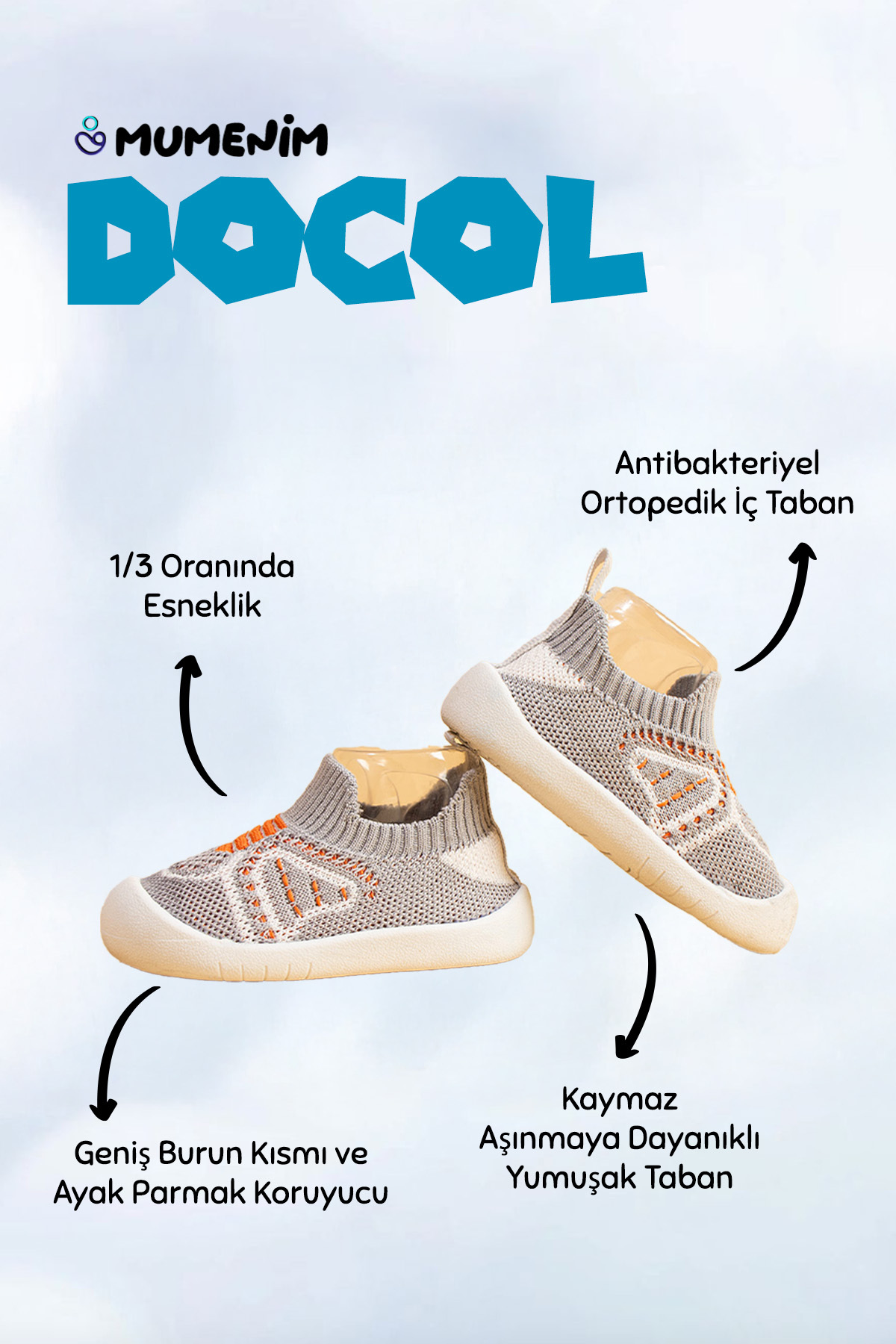 Mumenim Docol Çocuk Bebek Esnek, Rahat Ortopedik Taban Günlük Gri Ilk Adım Ayakkabısı Ve Çocuk Sneaker fotoğrafı 2 (önizleme)