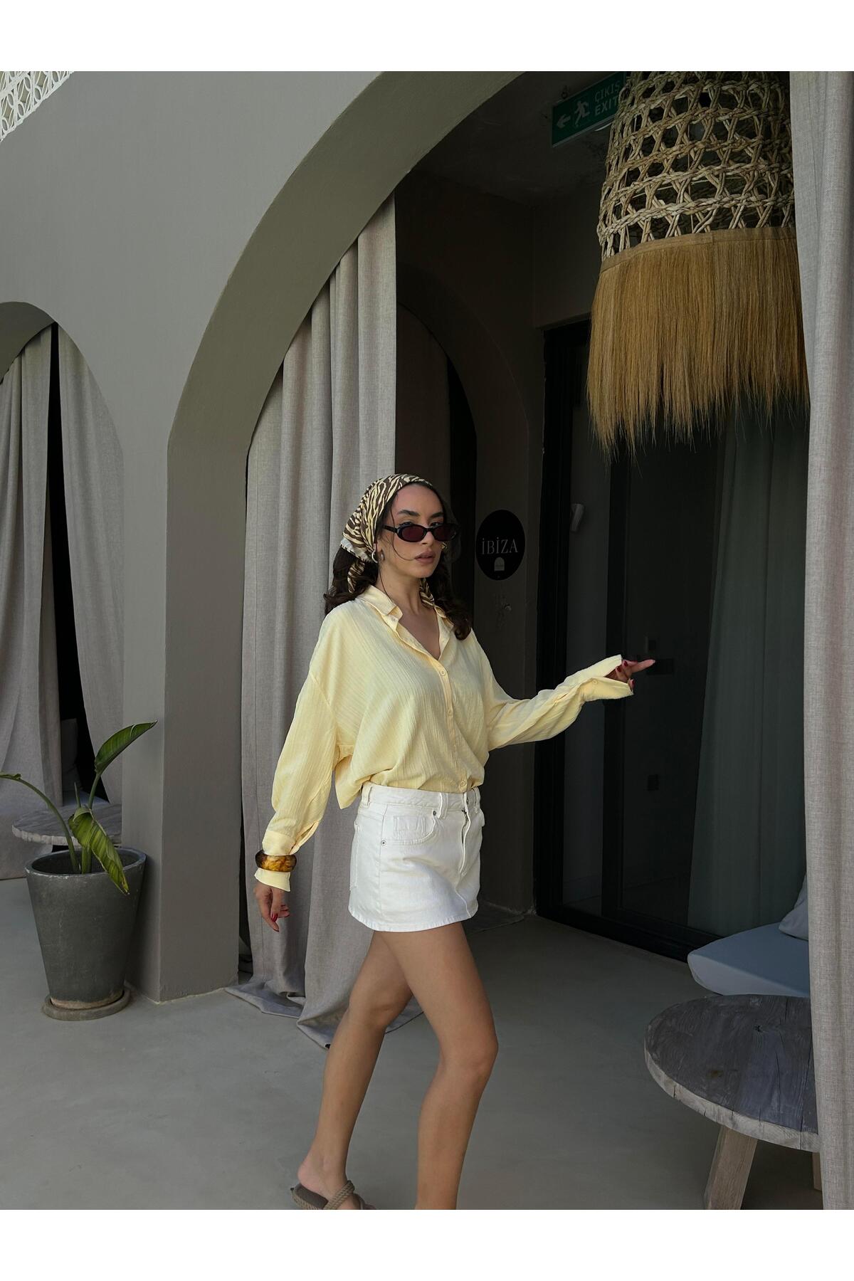 minaaise  Sarı Oversize Geniş Manşetli Kadın Gömlek 27384 - Görsel 4