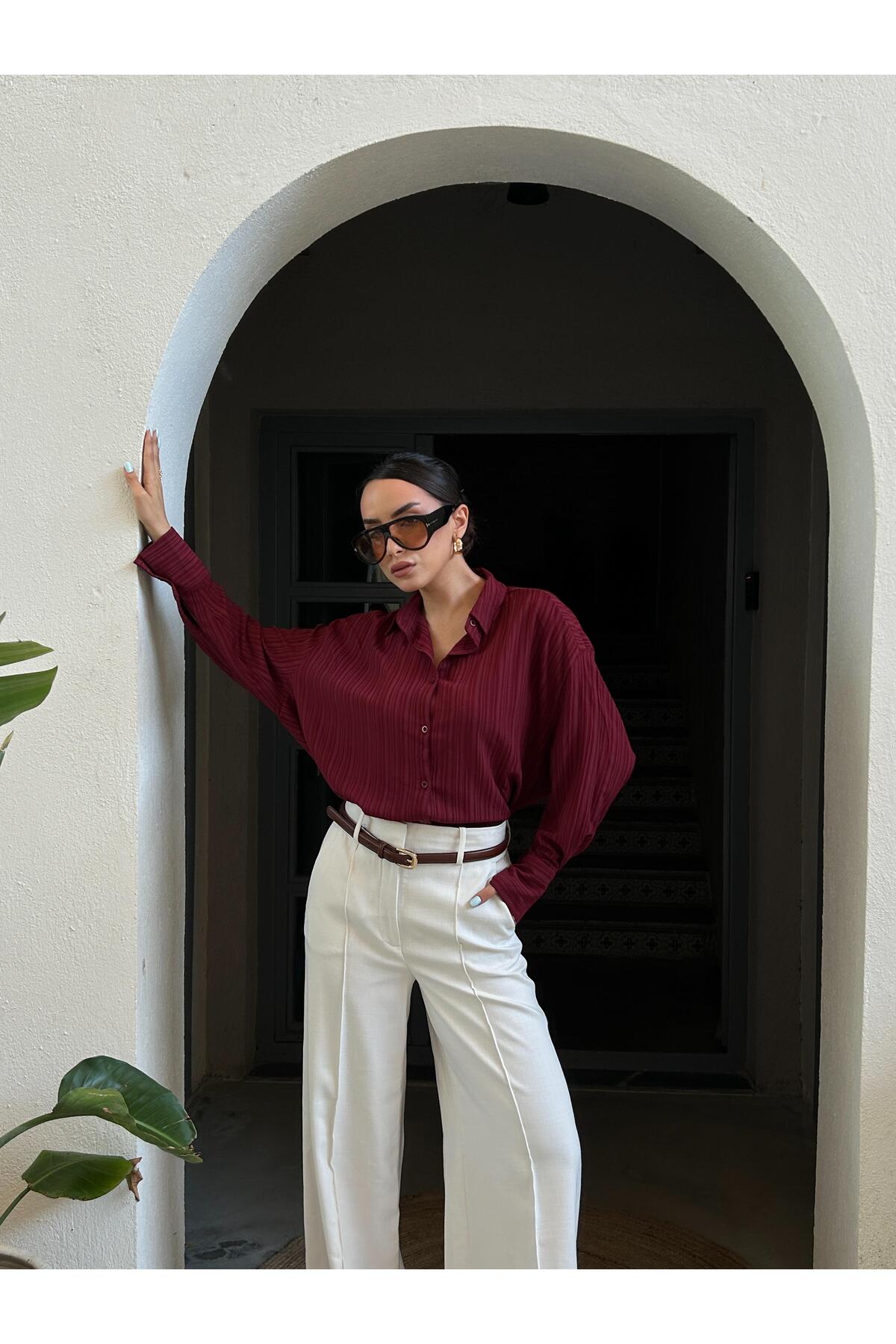 minaaise Bordo Oversize Geniş Manşetli Kadın Gömlek 27384 fotoğrafı 6 (önizleme)