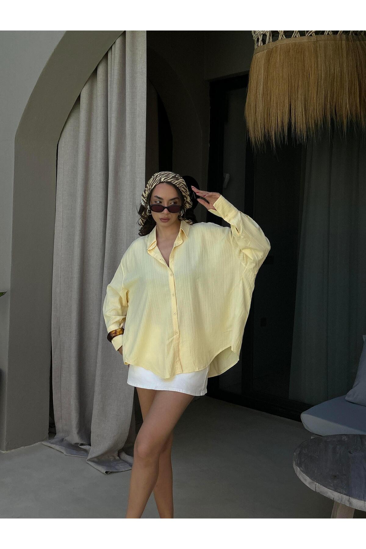 minaaise  Sarı Oversize Geniş Manşetli Kadın Gömlek 27384 - Görsel 3