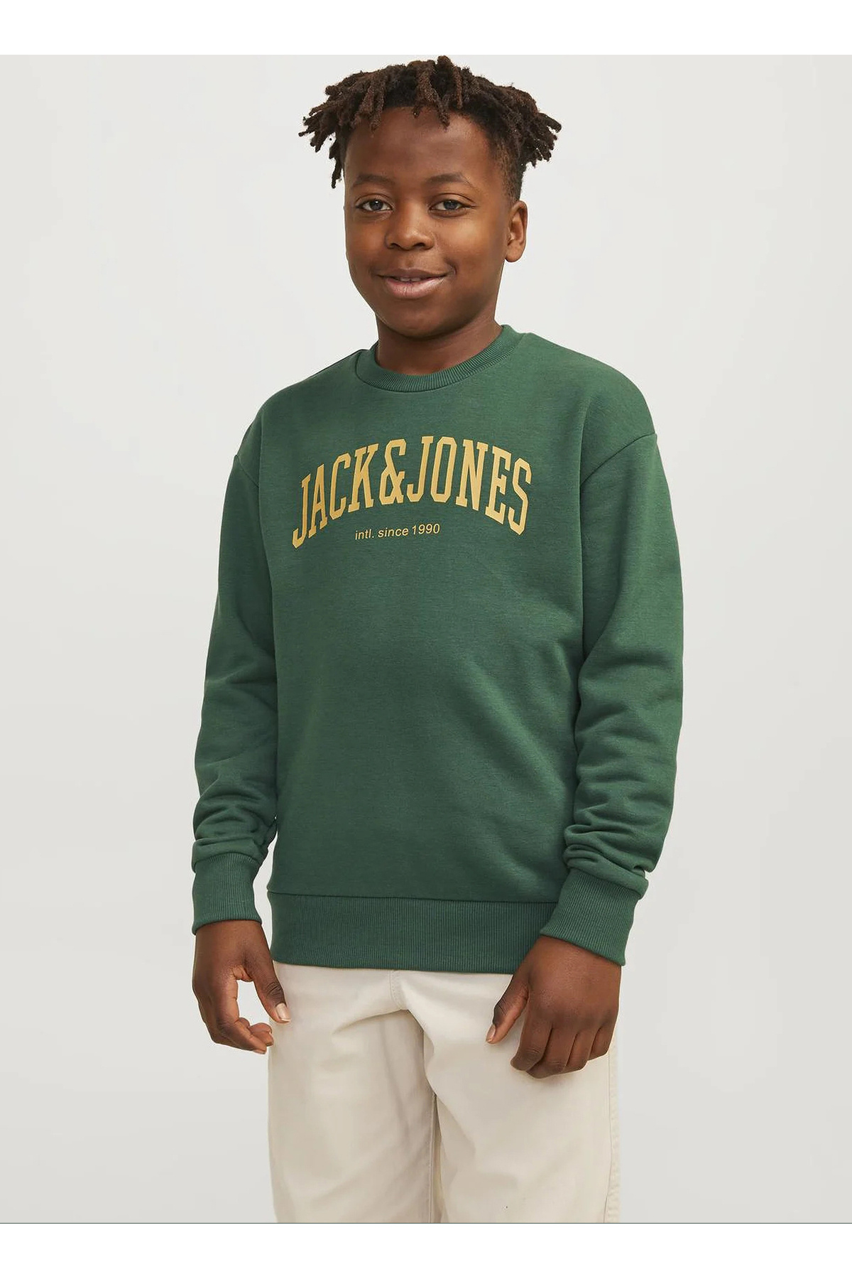 جک اند جونز سویشرت پسرانه سبز تیره چاپ شده JJEJOSH SWEAT CREW NECK NOOS JNR