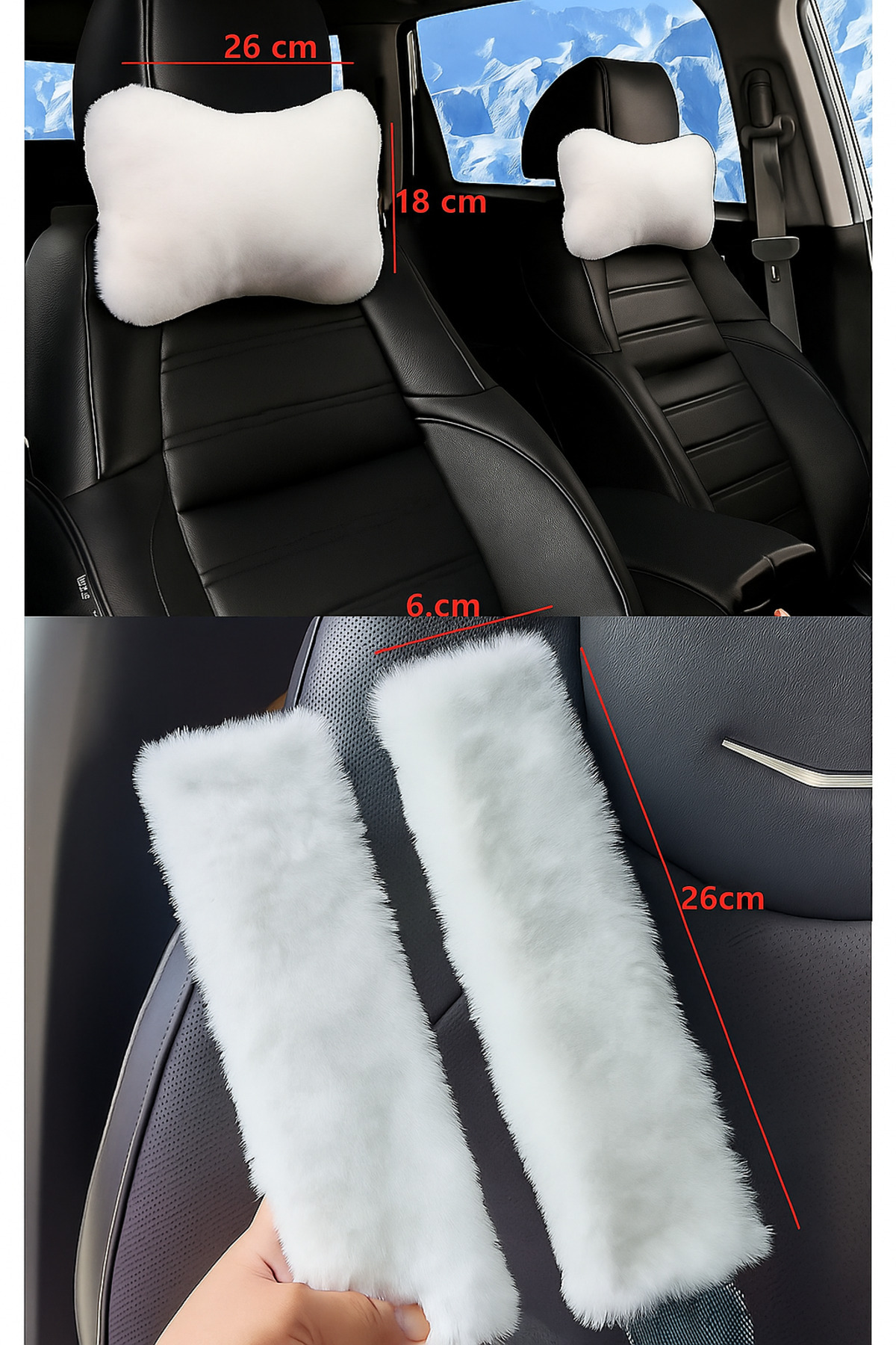 AYAZGRUP Beyaz Peluş Oto Boyun Yastığı Emniyet Kemeri Pedi – 4’lü Set – Ultra Yumuşak & Şık Konfor Takımı