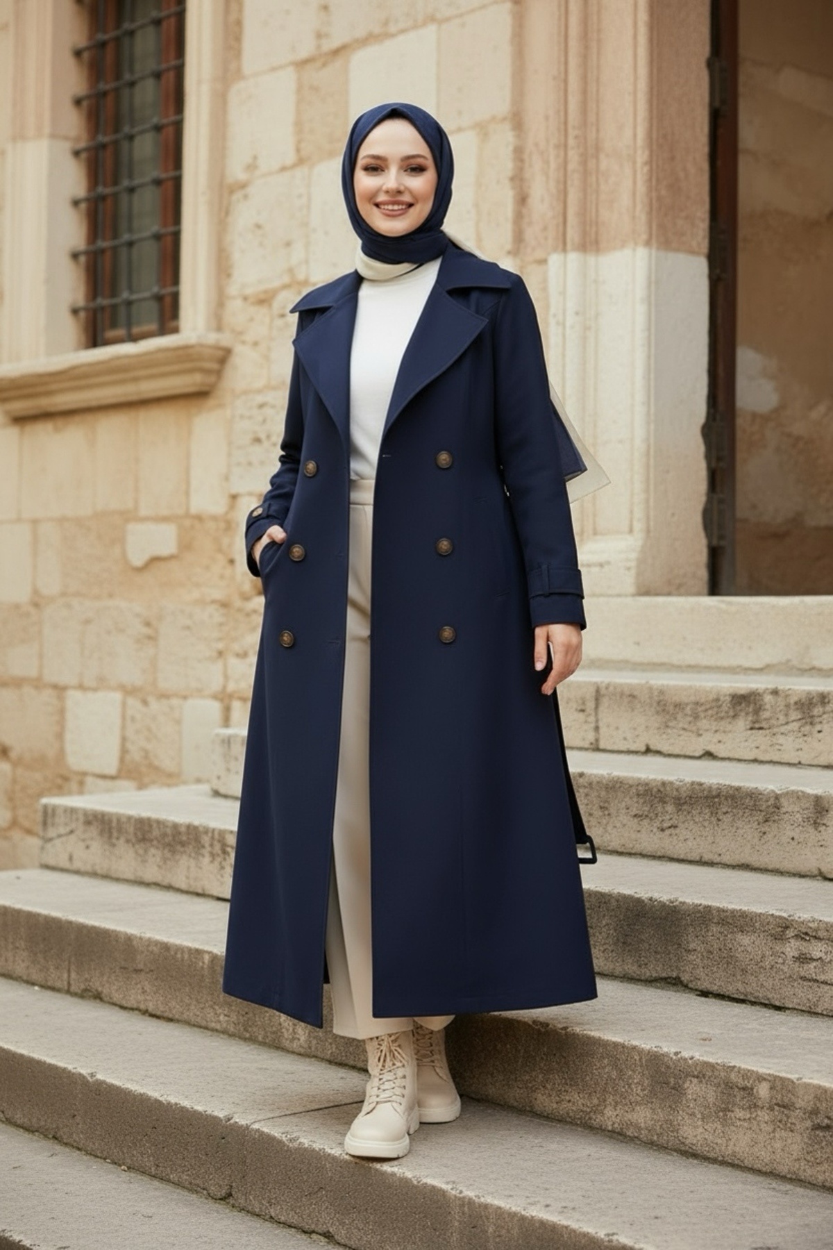 Zeneva Collection Lacivert - %100 Pamuk Ekstra Uzun (120cm) Tam Kalıp Kadın Tesettür Trençkot