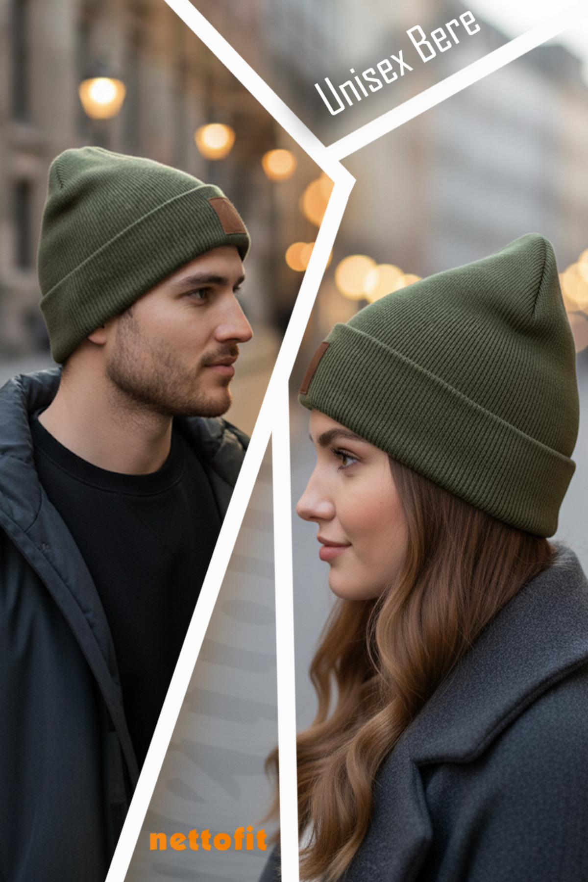 nettofit  Unisex Kışlık Deri Etiket Detaylı Haki Yün Bere - Görsel 4