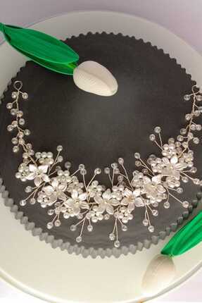 Tugiba Çiçekli, İncili Gelin Tacı, Saç Aksesuarı Ve Tokası (Nişan, Nikah, Düğ...