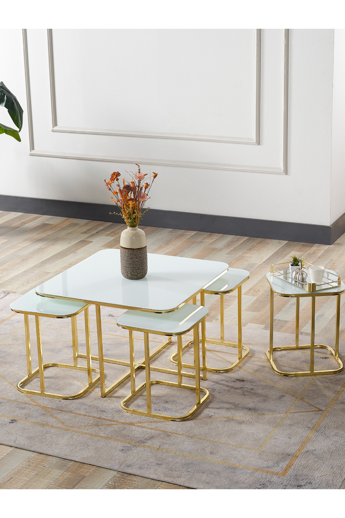 5 Li Sehpa Beyaz Temperli Cam Gold Metal Ayak Takım Sehpa Orta Sehpa Bohem lüx masa