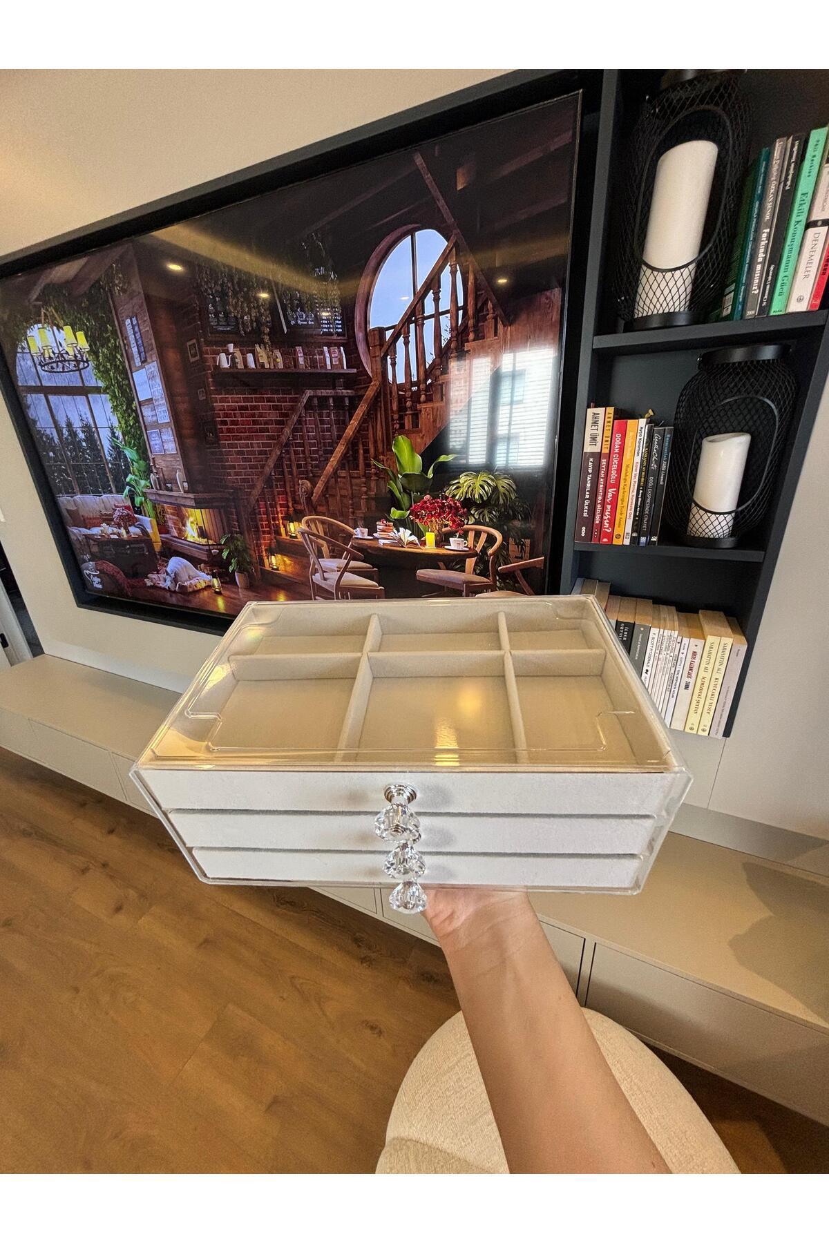 Toabroad 3 Çekmeceli Modern Takı Bijuteri Mücevher Kutusu Organizer Düzenleyici Beyaz 13 X 23 X 10 Cm