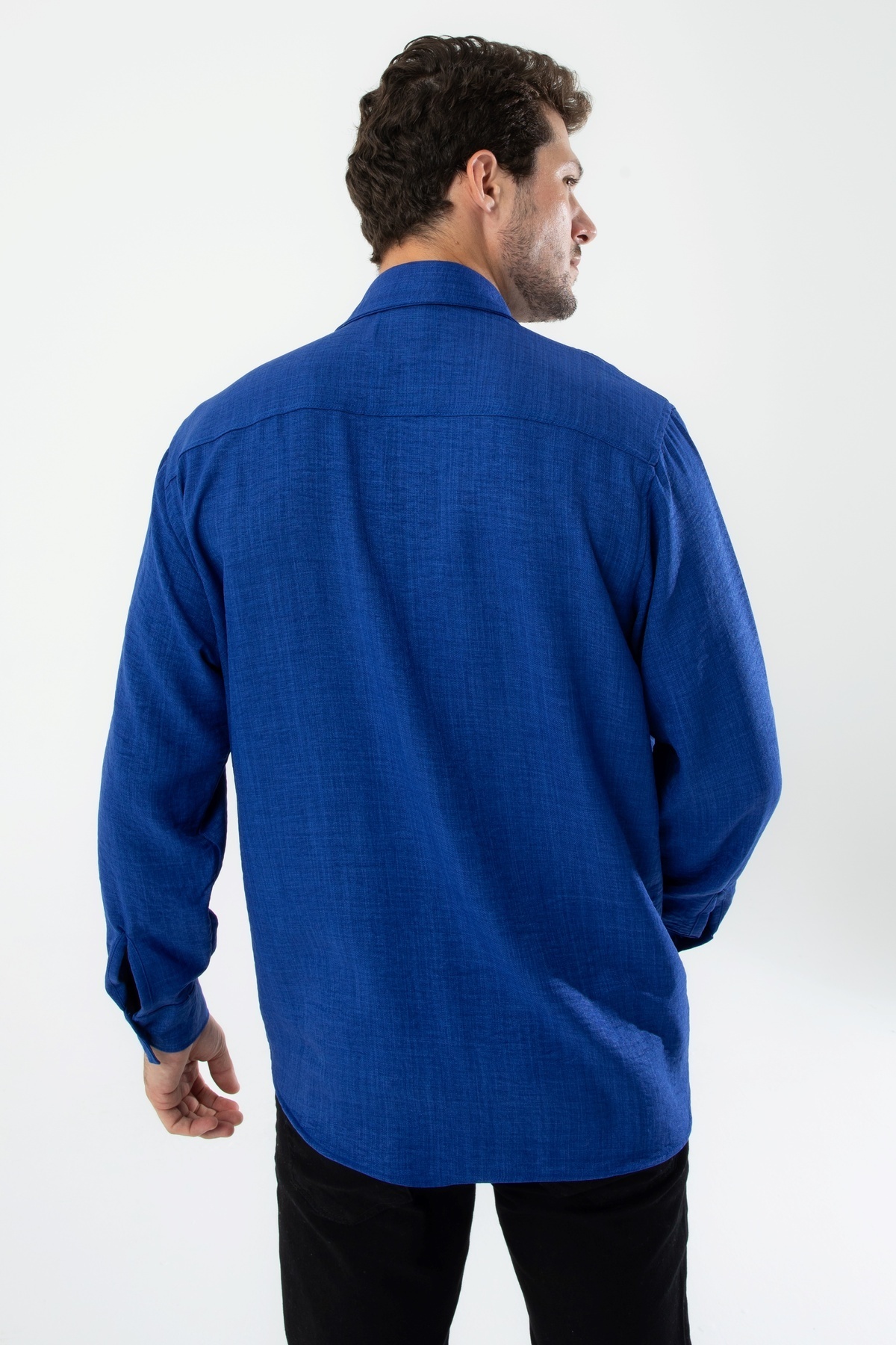 YXC Trend Maker  YENİ ÜRÜN.Erkek Keten Dokulu Oversize Açık Lacivert Erkek Gömlek - Görsel 8