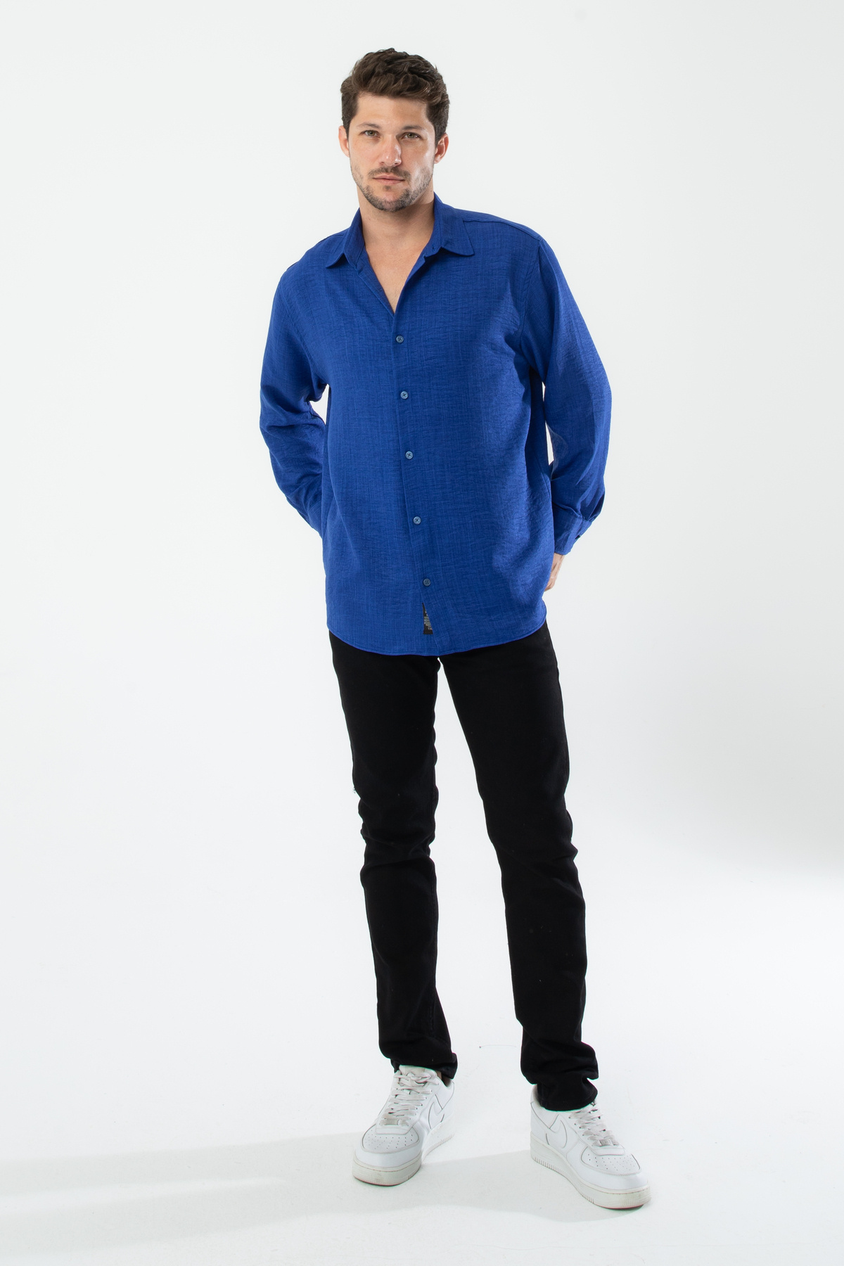 YXC Trend Maker  YENİ ÜRÜN.Erkek Keten Dokulu Oversize Açık Lacivert Erkek Gömlek - Görsel 4