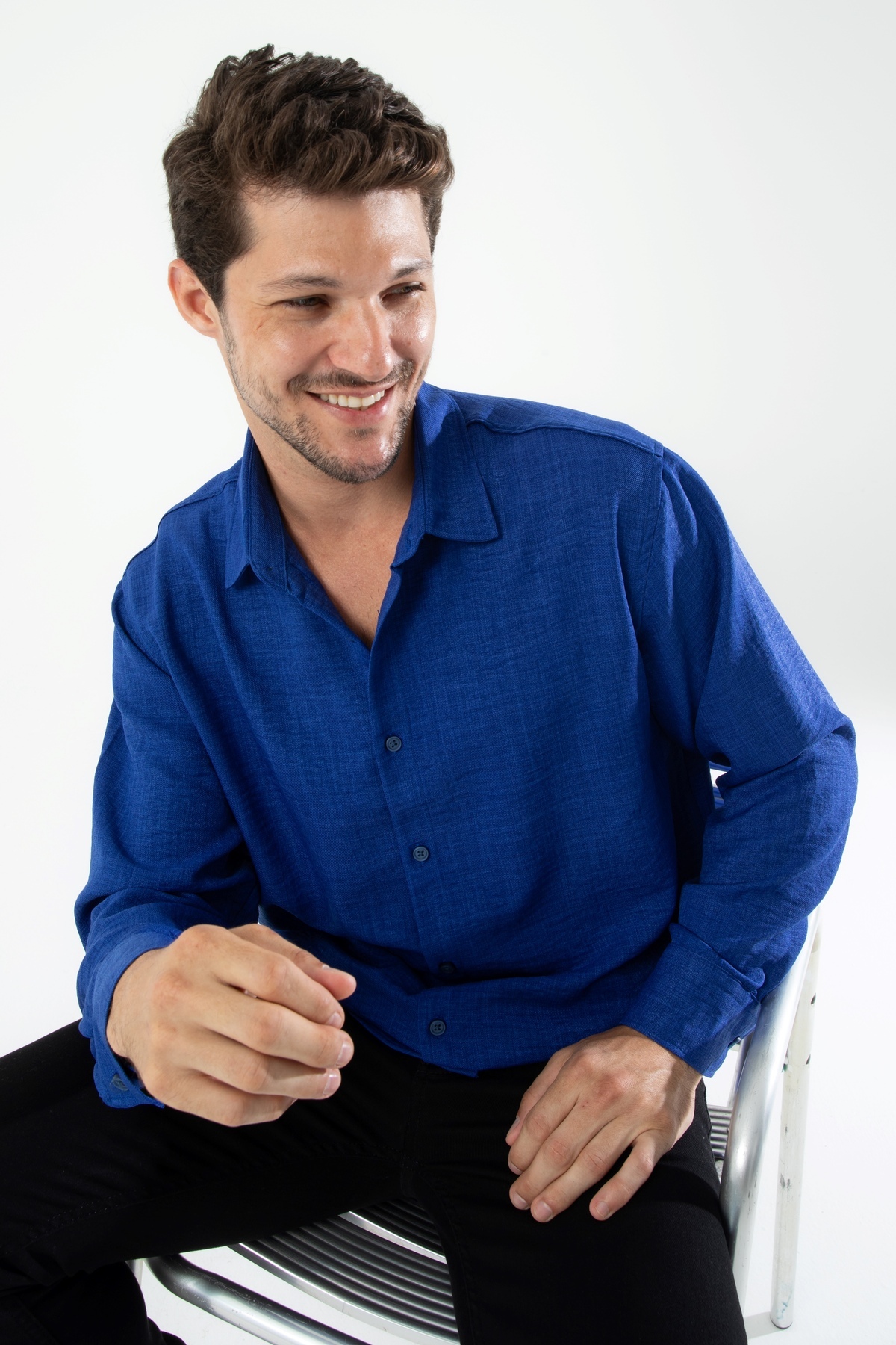 YXC Trend Maker  YENİ ÜRÜN.Erkek Keten Dokulu Oversize Açık Lacivert Erkek Gömlek - Görsel 7