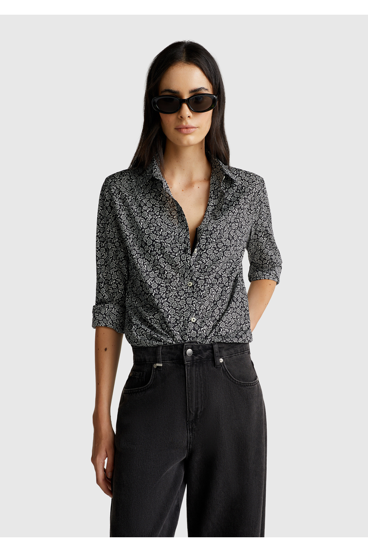 United Colors of Benetton  Kadın Koyu Gri %100 Pamuk Desenli Regular Fit Gömlek