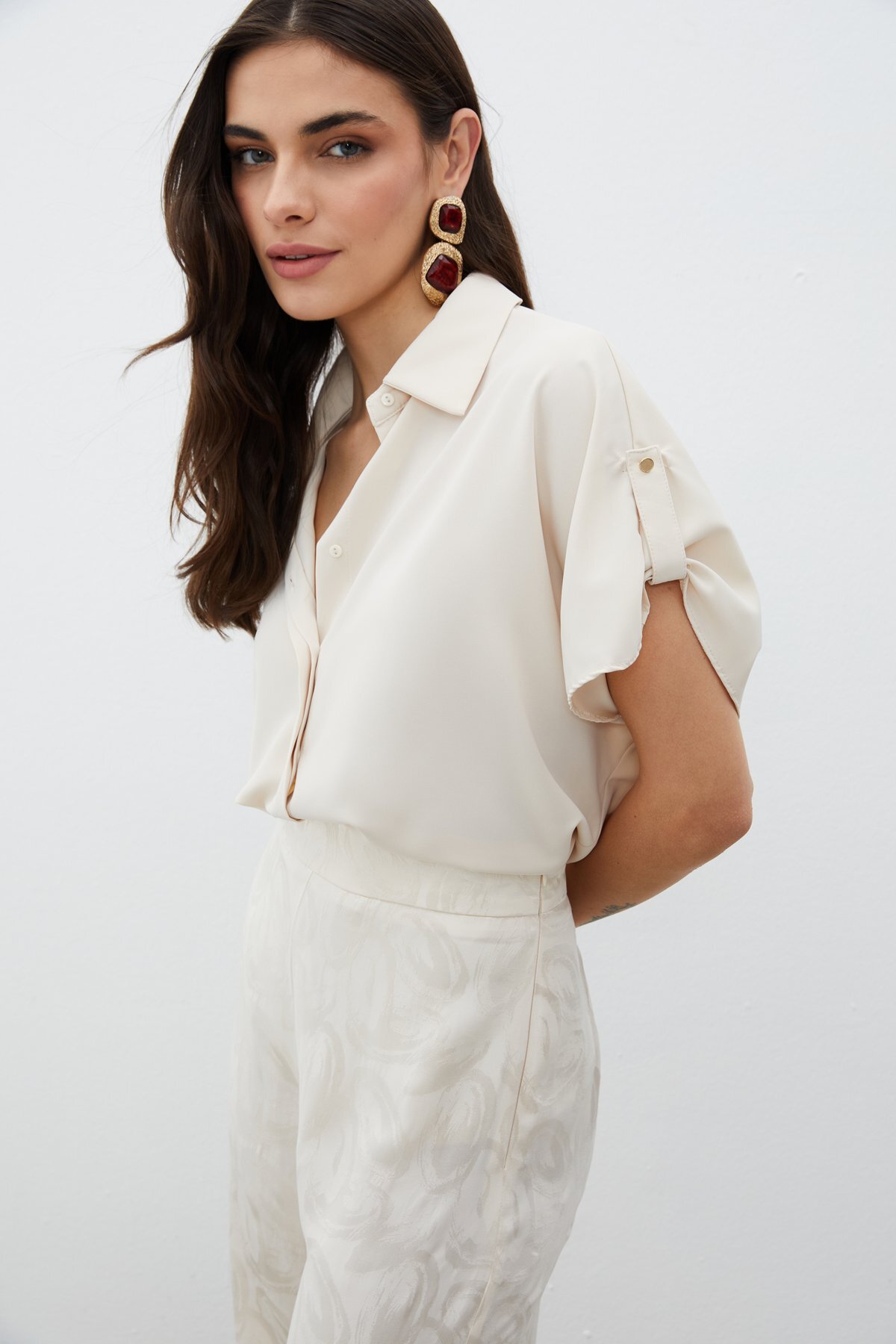 Sateen  Kol Detaylı Salaş Gömlek - Bej - Görsel 4