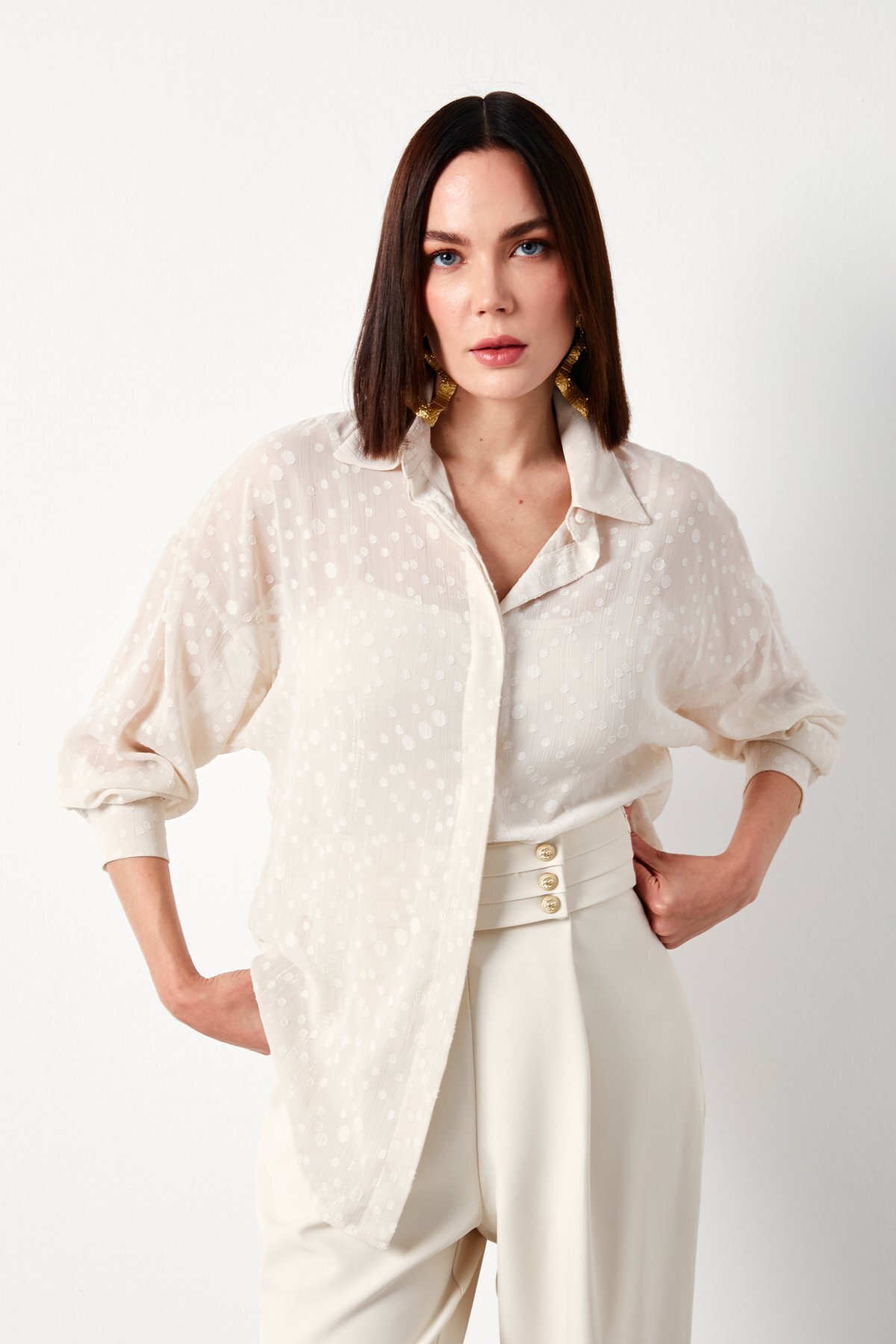 Sateen  Desenli Uzun Gömlek - Taş - Görsel 5