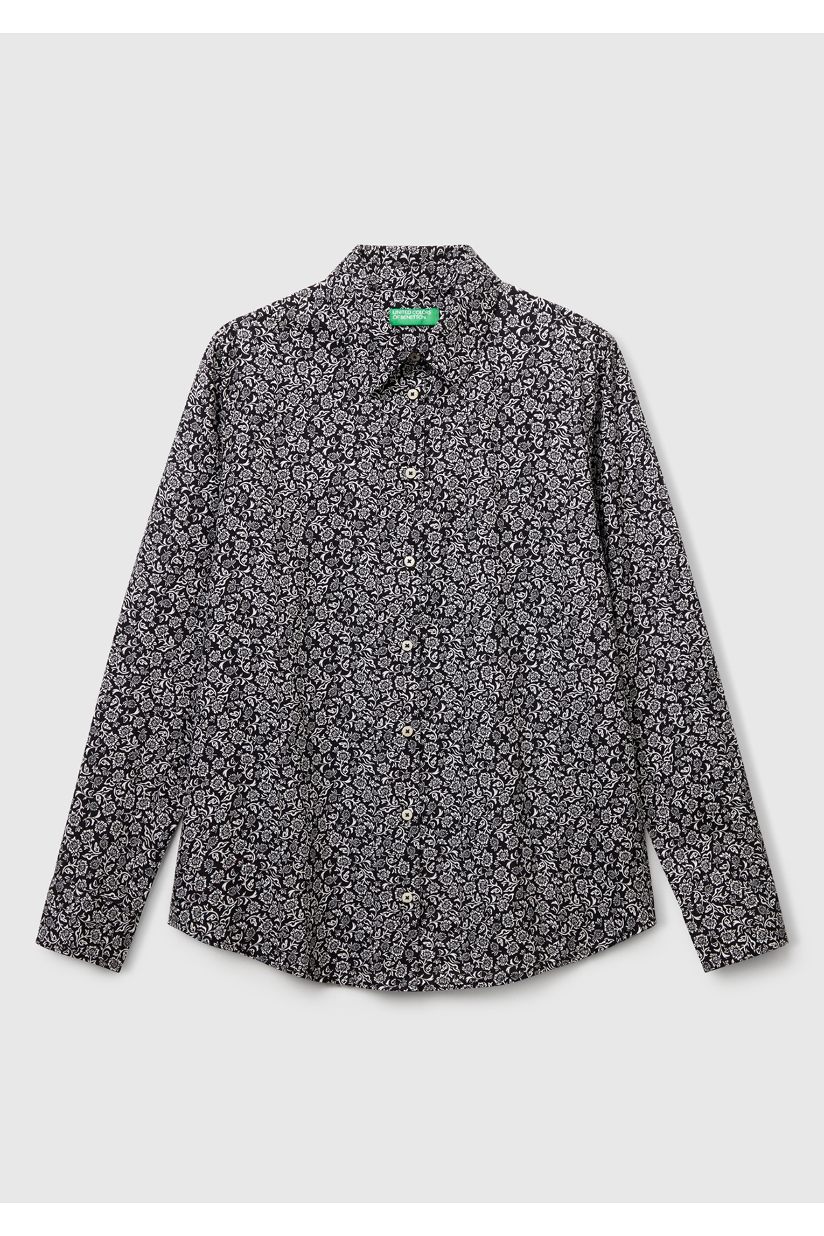 United Colors of Benetton  Kadın Koyu Gri %100 Pamuk Desenli Regular Fit Gömlek - Görsel 2