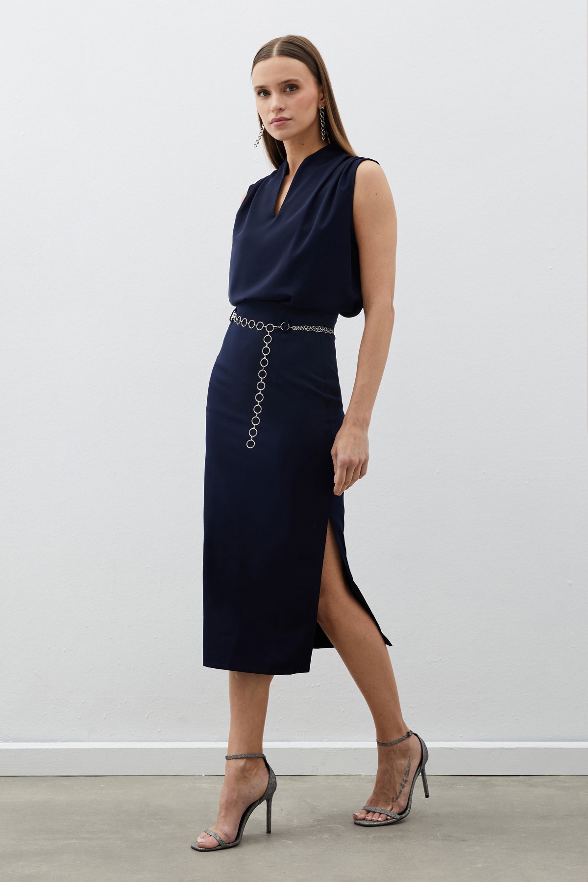 Sateen  Gümüş Zincirli Kalem Etek - Lacivert