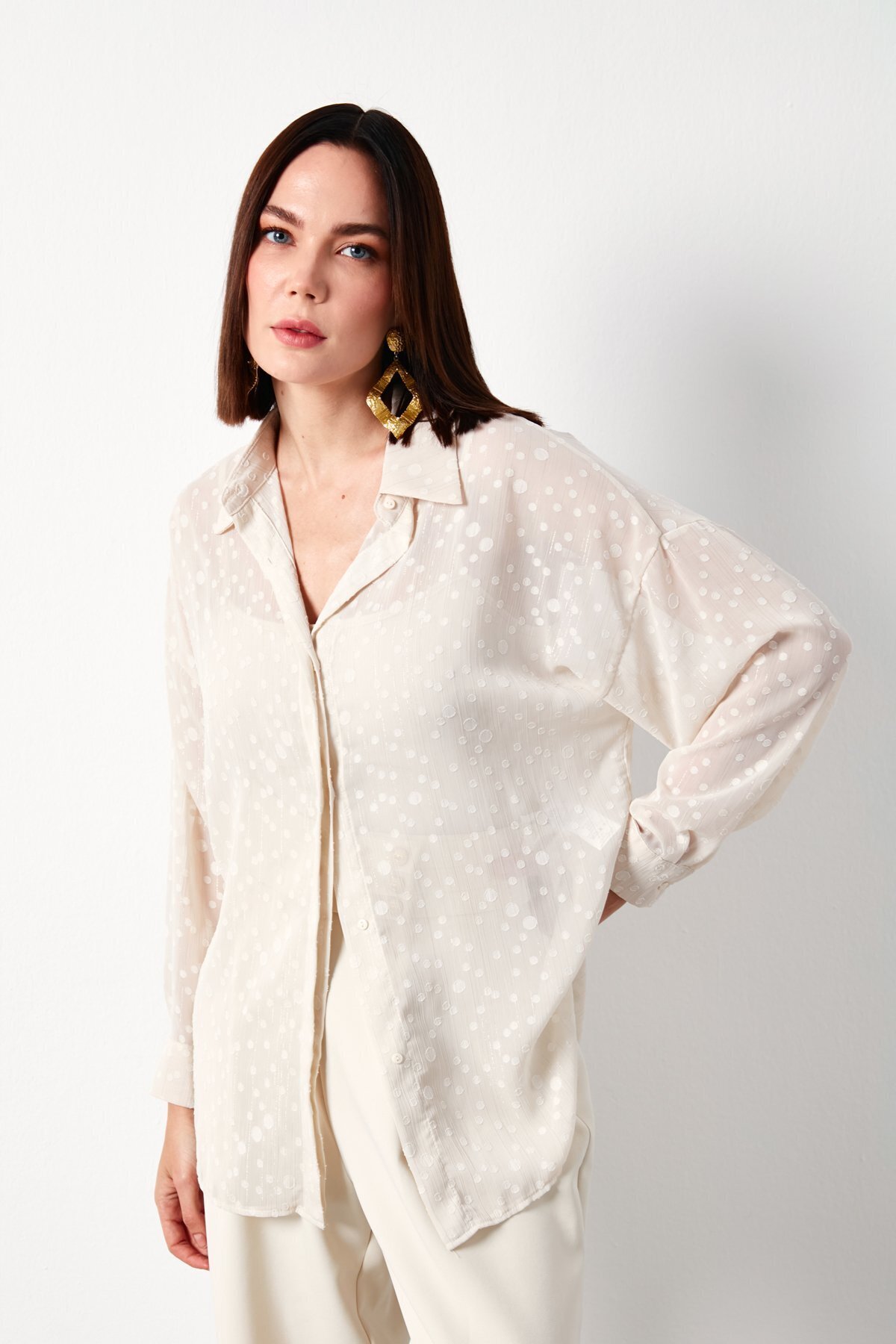 Sateen  Desenli Uzun Gömlek - Taş - Görsel 2