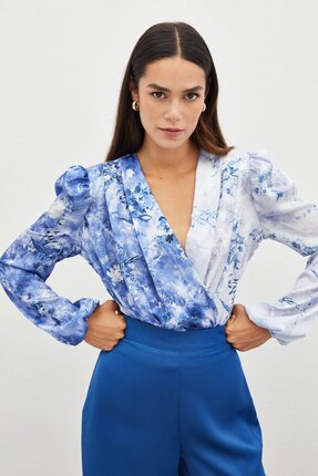 Sateen Çiçek Desenli Bodysuit Bluz - İndigo