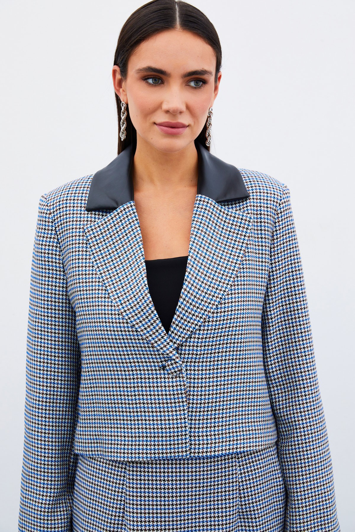 Sateen Kazayağı Crop Ceket - Mavi görsel 3