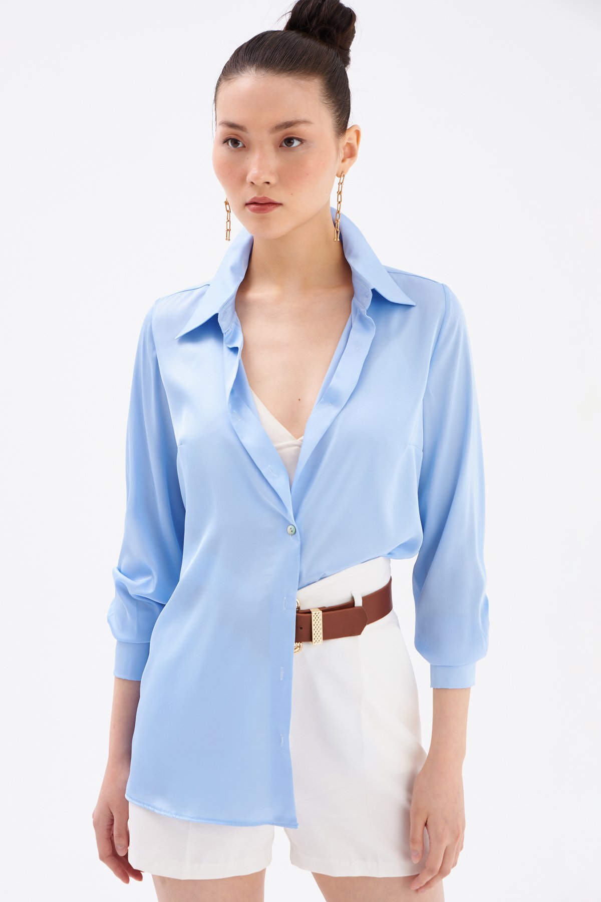 Sateen  Saten Gömlek - Mavi - Görsel 5