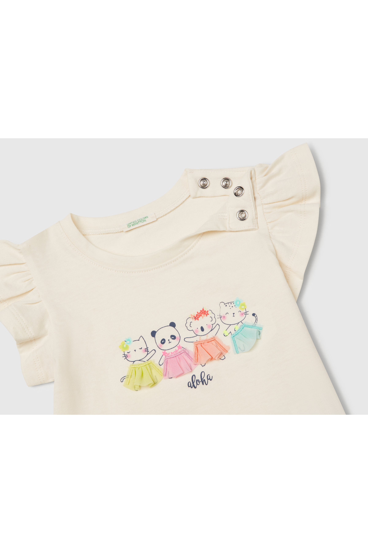 United Colors of Benetton Bebek Ekru Logo Etiketli Kolu Fırfır Detaylı Bisiklet Yaka T-Shirt fotoğrafı 3 (önizleme)
