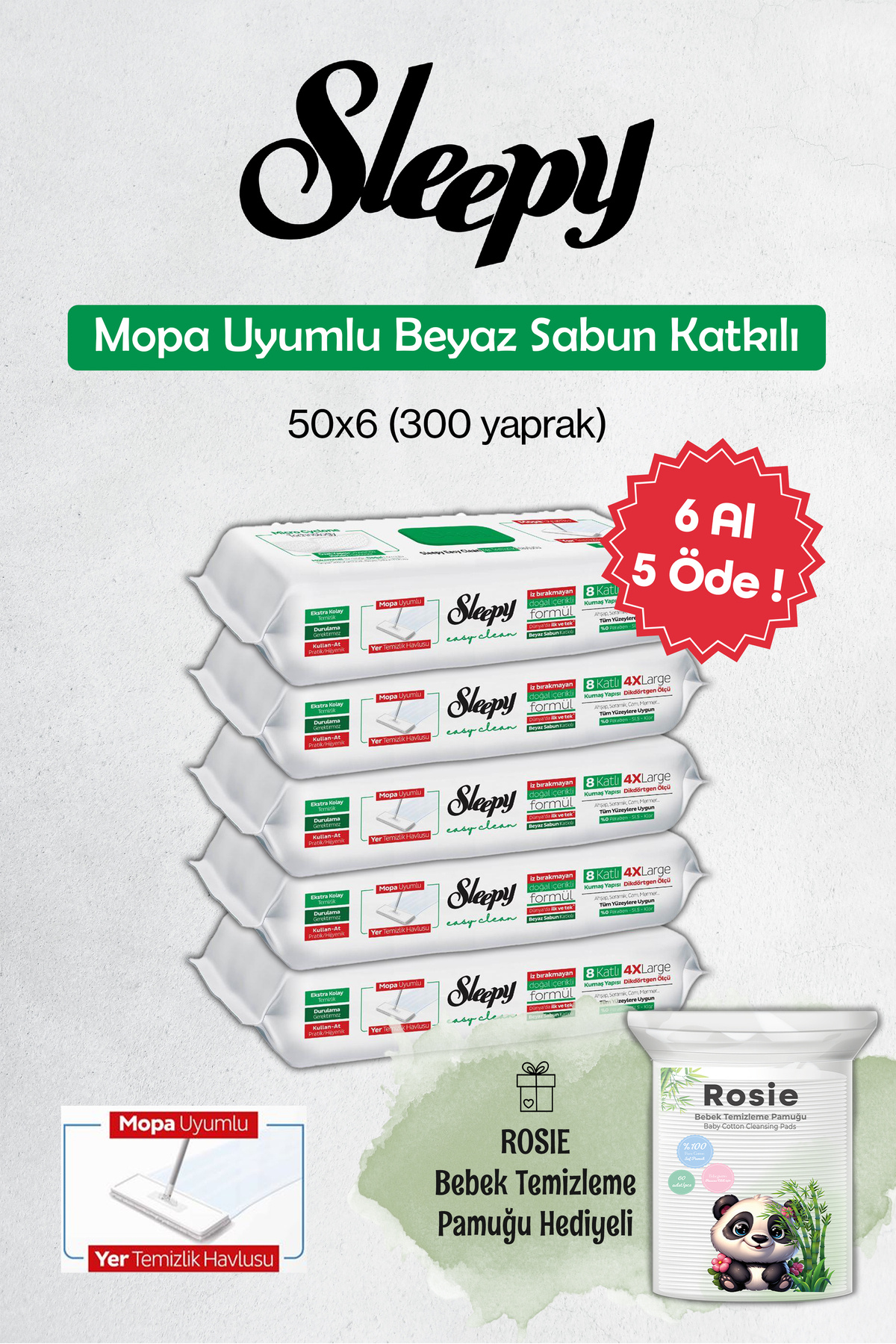 Sleepy 300 Yaprak 6 AL 5 ÖDE Beyaz Sabunlu Yer Temizlik Havlusu ve Rosie Pamuk