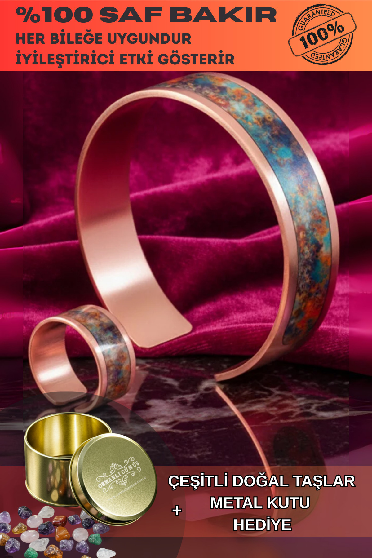OSMANLI GÜMÜŞ Kadın Bakır Bileklik Yüzük Set - World Model Özel Baskı Metal Kutu Ve Kuvars Taşı