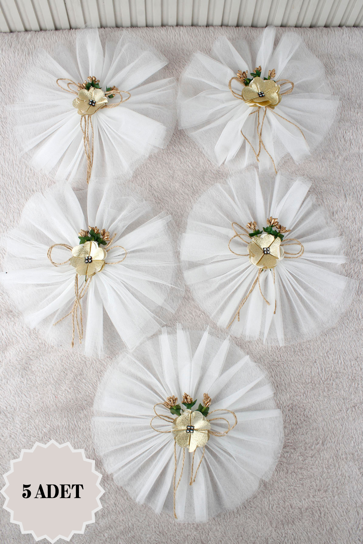 Mortex Bej Papatya Çiçekli Fiyonk Bohça Süsü 5'Li, Çeyiz, Düğün, Nikah, Nişan, Konvoy, Sünnet, Kına