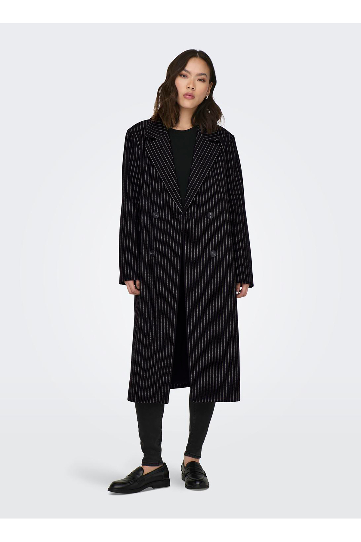 ONLY Koyu Siyah Kadın Çizgili Kaban 15293673 ONLJOSIE PIN STRIPE WOOL COAT CC OT görsel 7