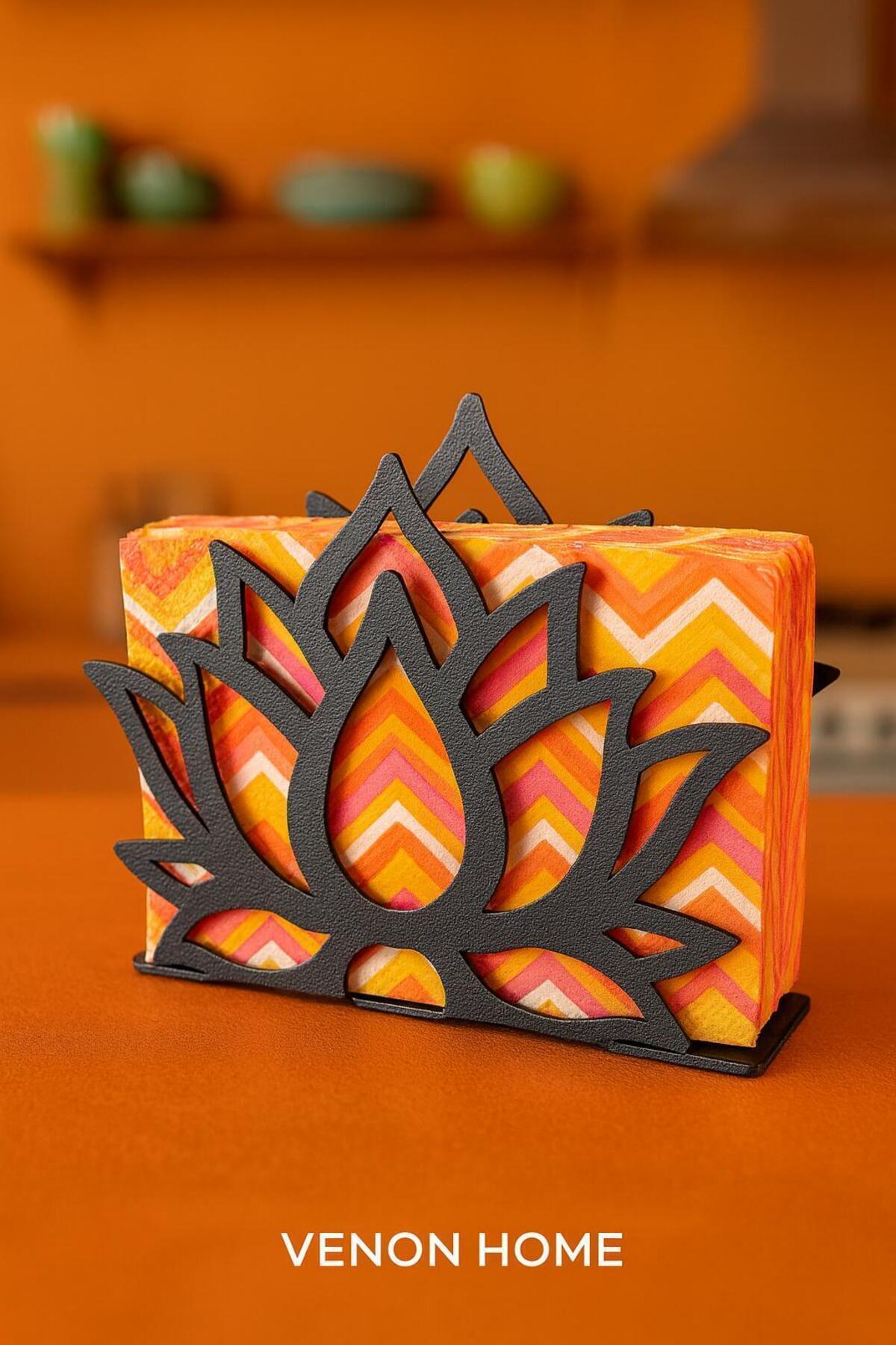 VENON Lotus No 1 Motifli Masaüstü Dekoratif Peçetelik Havluluk Siyah Şık Sunum Metal Sofra Sunum