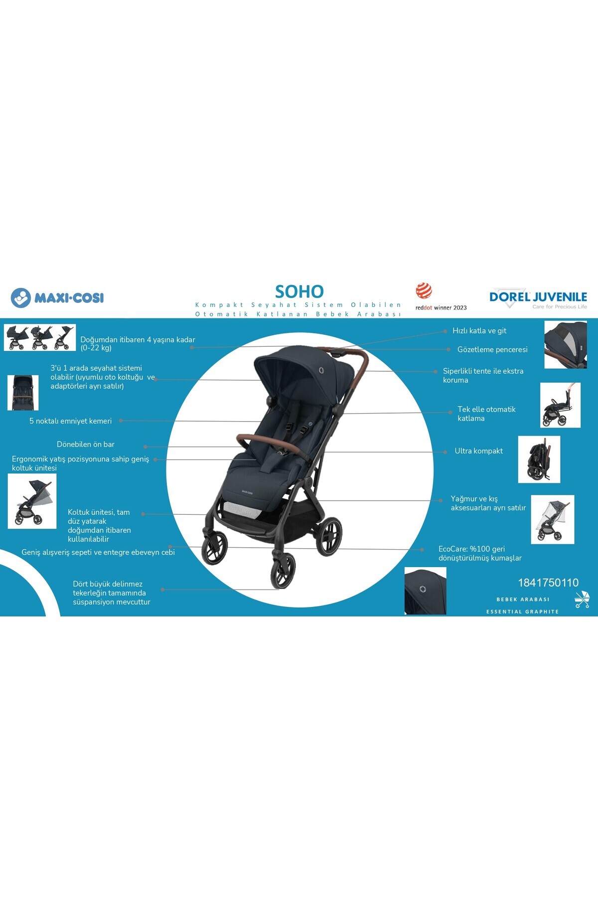 Maxi-Cosi Maxi-cosi Soho Kompakt Seyahat Sistem Olabilen Otomatik Katlanan Bebek Arabası Essential Graphite fotoğrafı 3 (önizleme)
