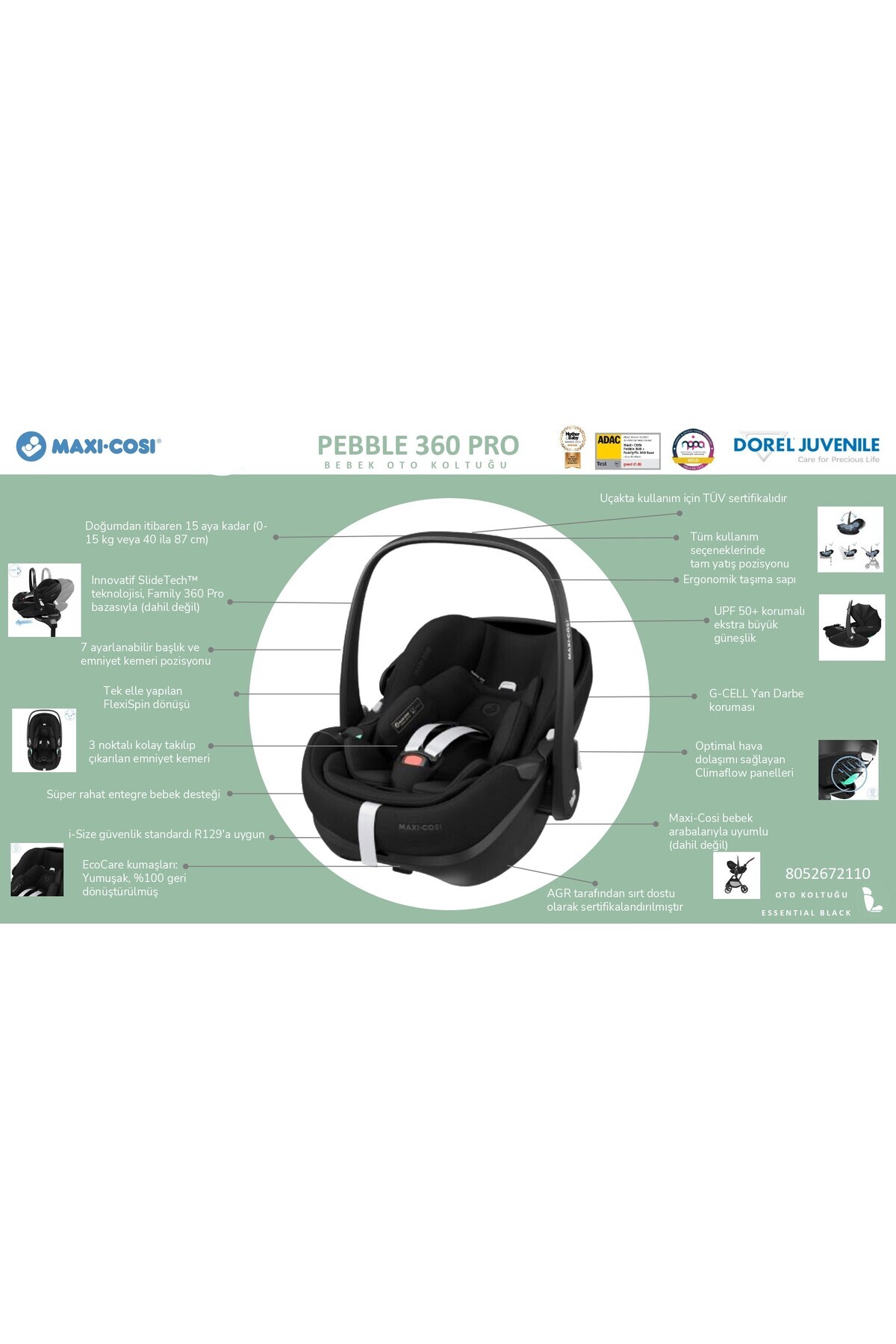 Maxi-Cosi Pebble 360 Pro SlideTech Tam Yatabilen 0-13 Kg Ana Kucağı ve Oto Koltuğu Twillic Black fotoğrafı 3 (önizleme)