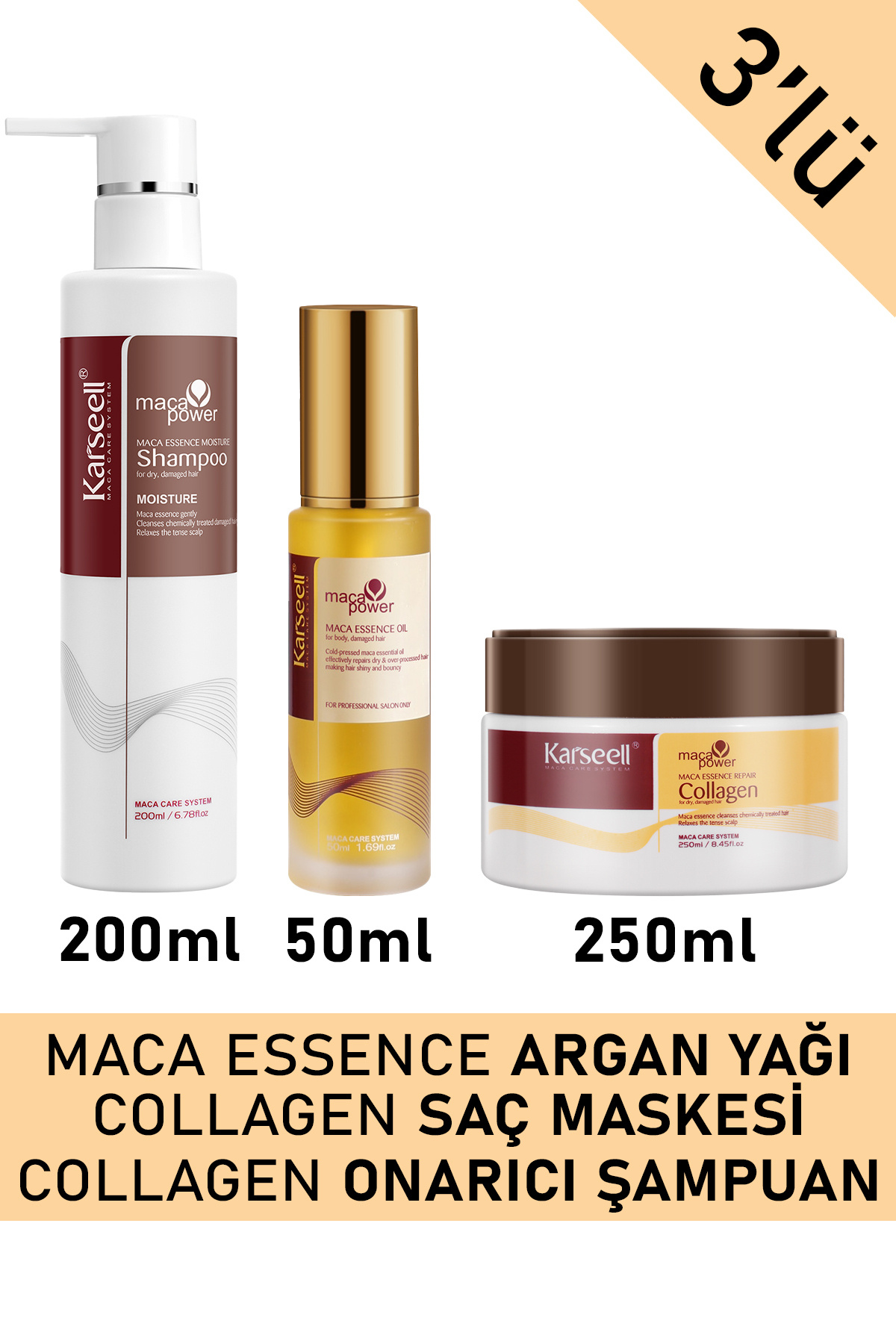 Karseell SET Onarıcı Repair Kolajen Saç Maskesi 250 ml + Nemlendirici Şampuan 200 ml + Argan Yağı 50 ml
