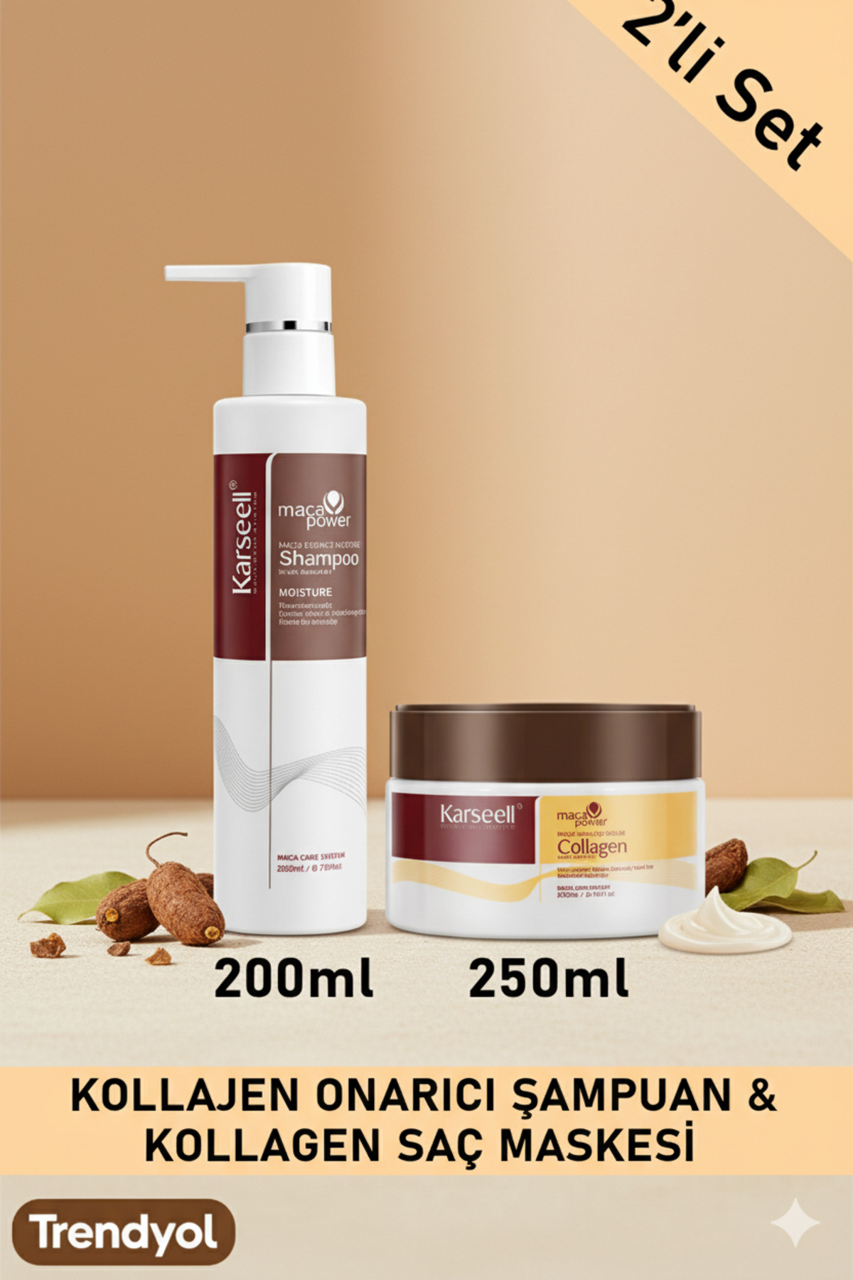 SET Maca Özü Onarıcı Repair Kolajen Saç Maskesi 250 ml + Maca Özü Nemlendirici Şampuan 200 ml Karsel — PKT-KARSEL-05 — تصویر 2 از 4