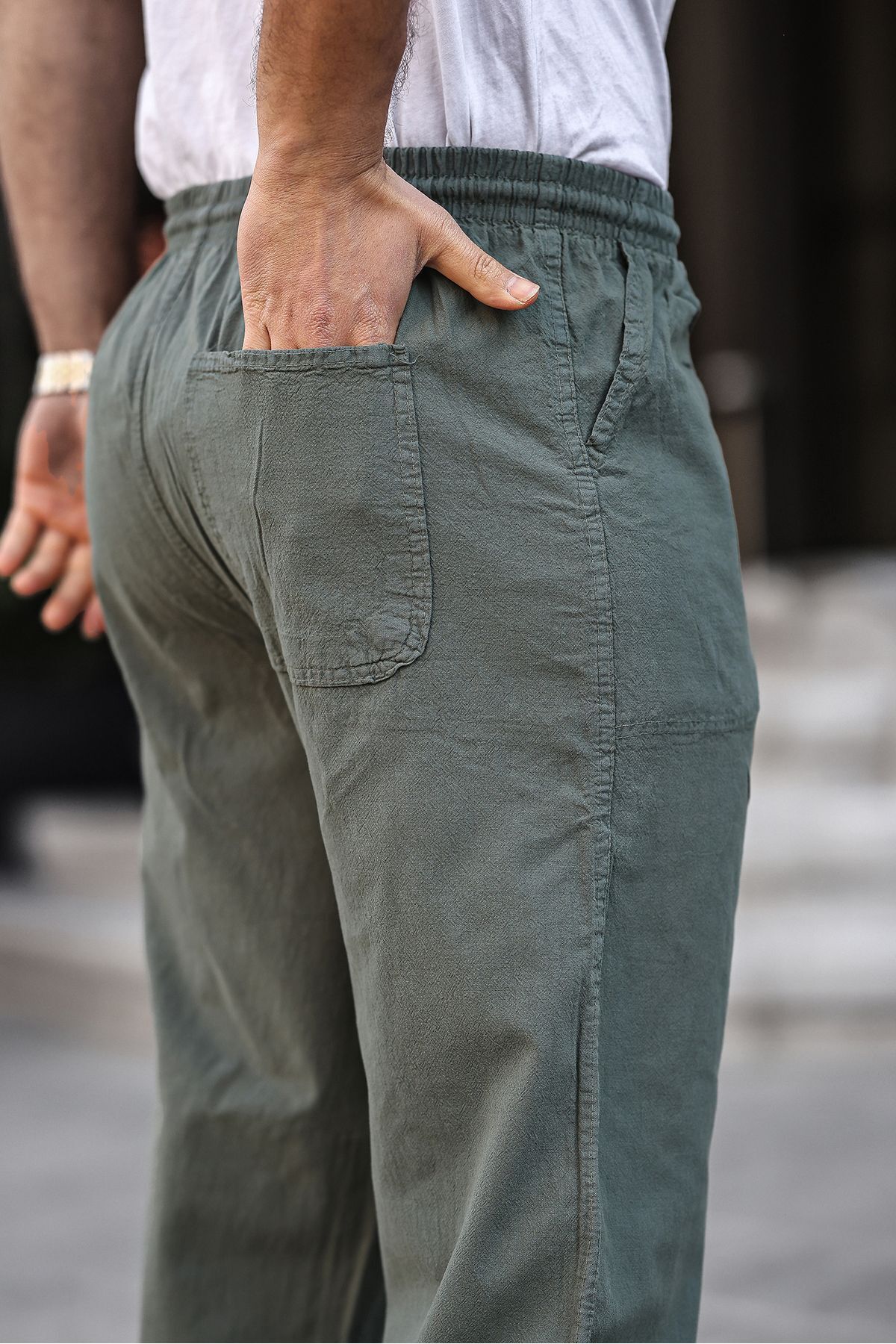 COMBİNE MİCHAİL  Haki Renk Erkek Yazlık Keten Karışımı Relaxed Pantolon - Görsel 6