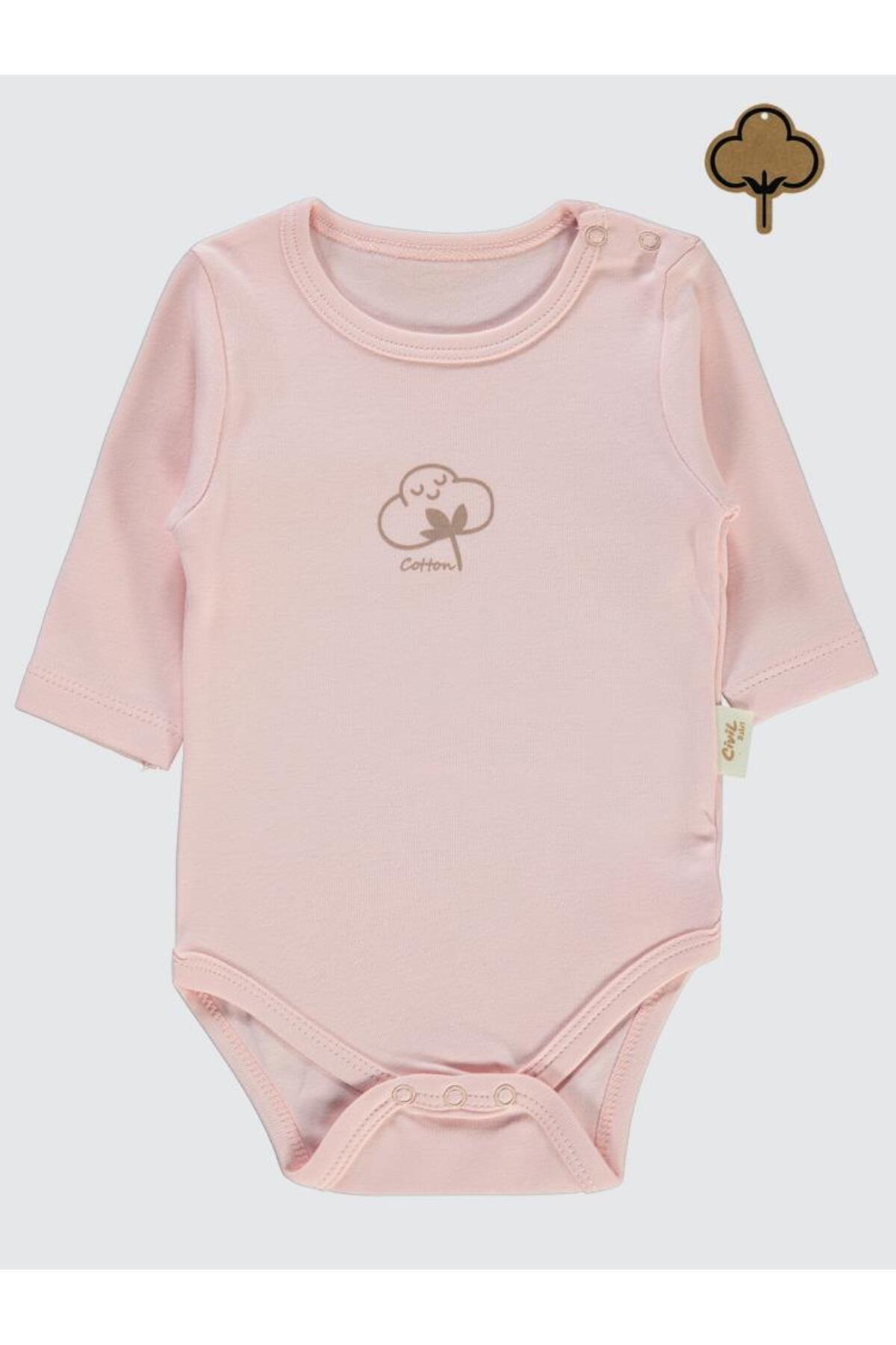 سیویل بیبی بادی اسنپ دار نخی ارگانیک مدل U-Sleeve سایز 0-18 ماه - صورتی 0-1 ماه