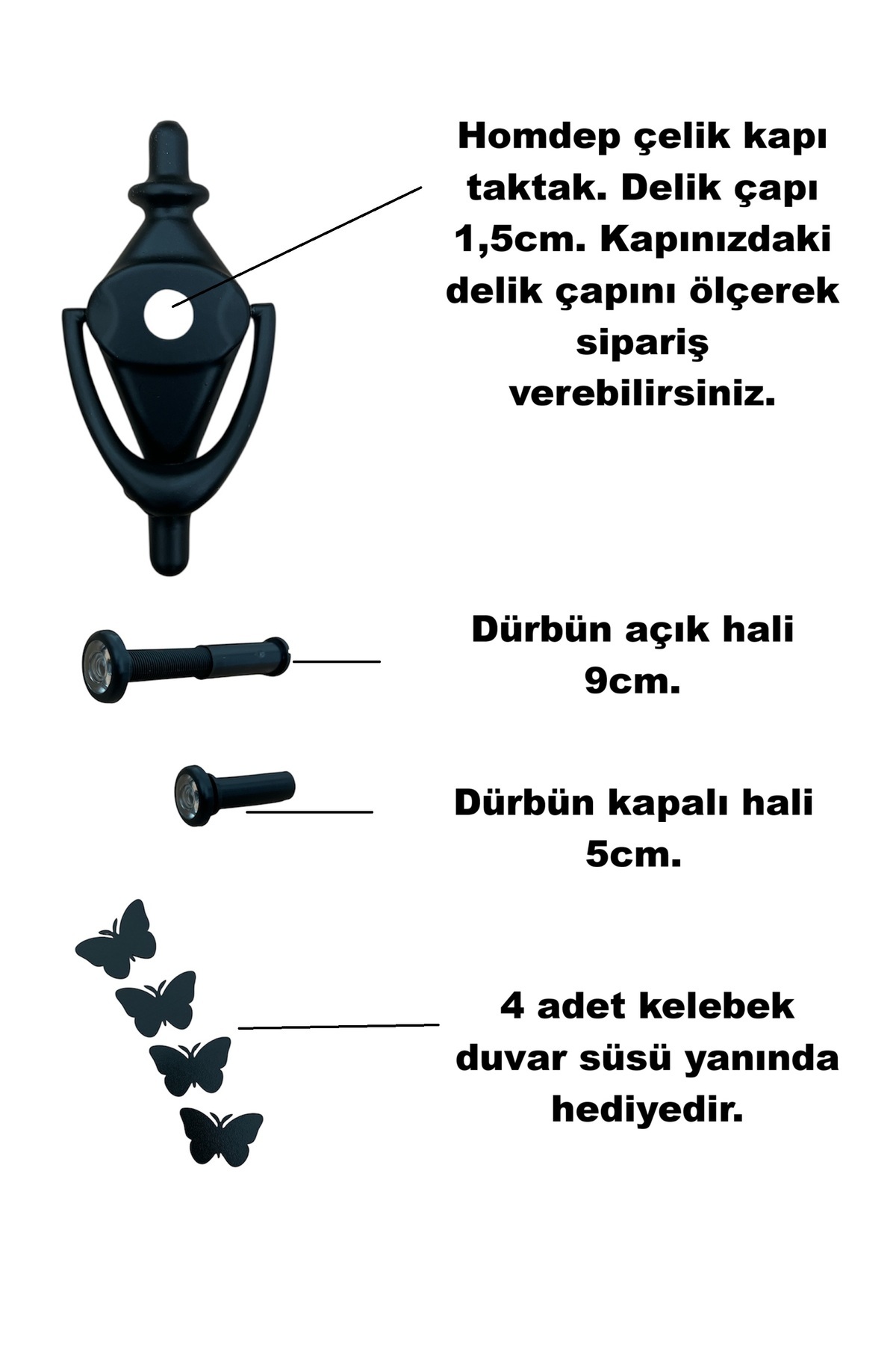 HOMDEP Dürbünlü Çelik Kapı Kumru Model Taktak Tokmağı Delik Çapı 1,5cm Renk: Siyah