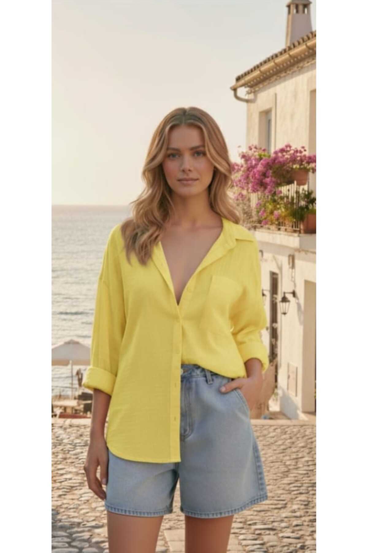 blackbonds  Kadın sarı Keten Gömlek Yazlık Oversize Gömlek Yeni Sezon - Görsel 5