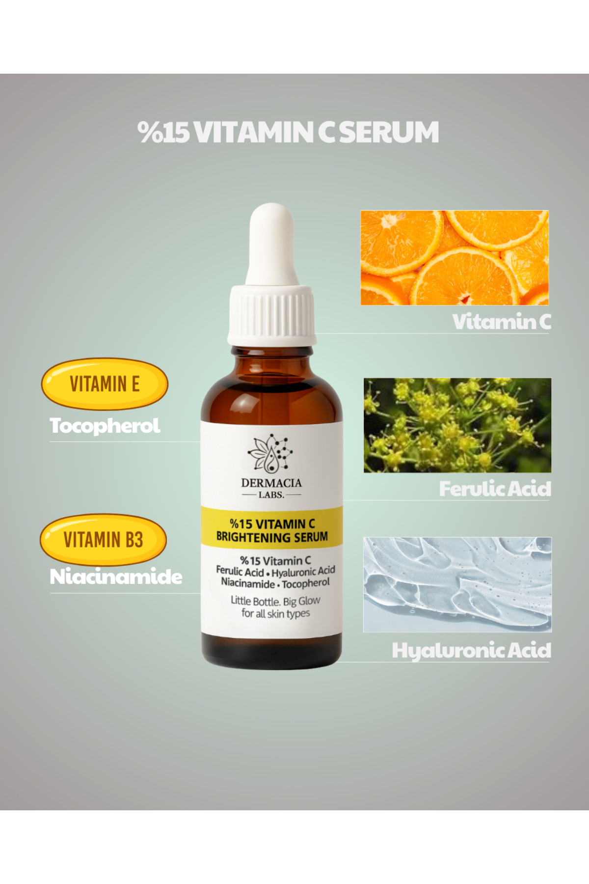 %15 Vitamin C Serum 30 ml, Süper Aydınlatıcı, Leke Karşıtı, Ferulic Asit, Niacinamide — DL-CVIT30 — تصویر 3 از 4