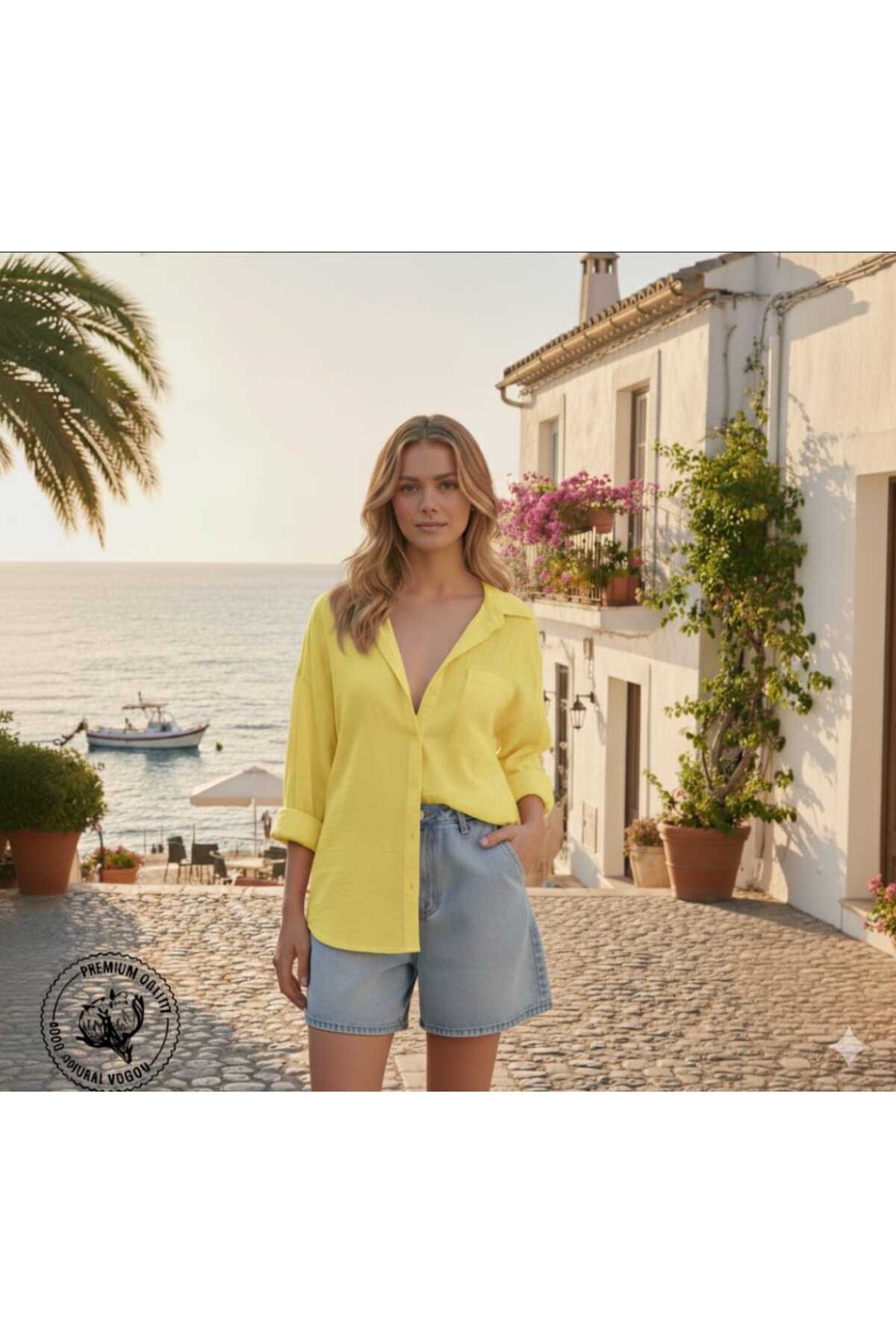 blackbonds  Kadın sarı Keten Gömlek Yazlık Oversize Gömlek Yeni Sezon - Görsel 4