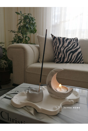 ZUYKA HOME Özel Tasarım Dekoratif Tabaklı Ay Tütsülüğü ve Ay Mumluğu 3 lü Set